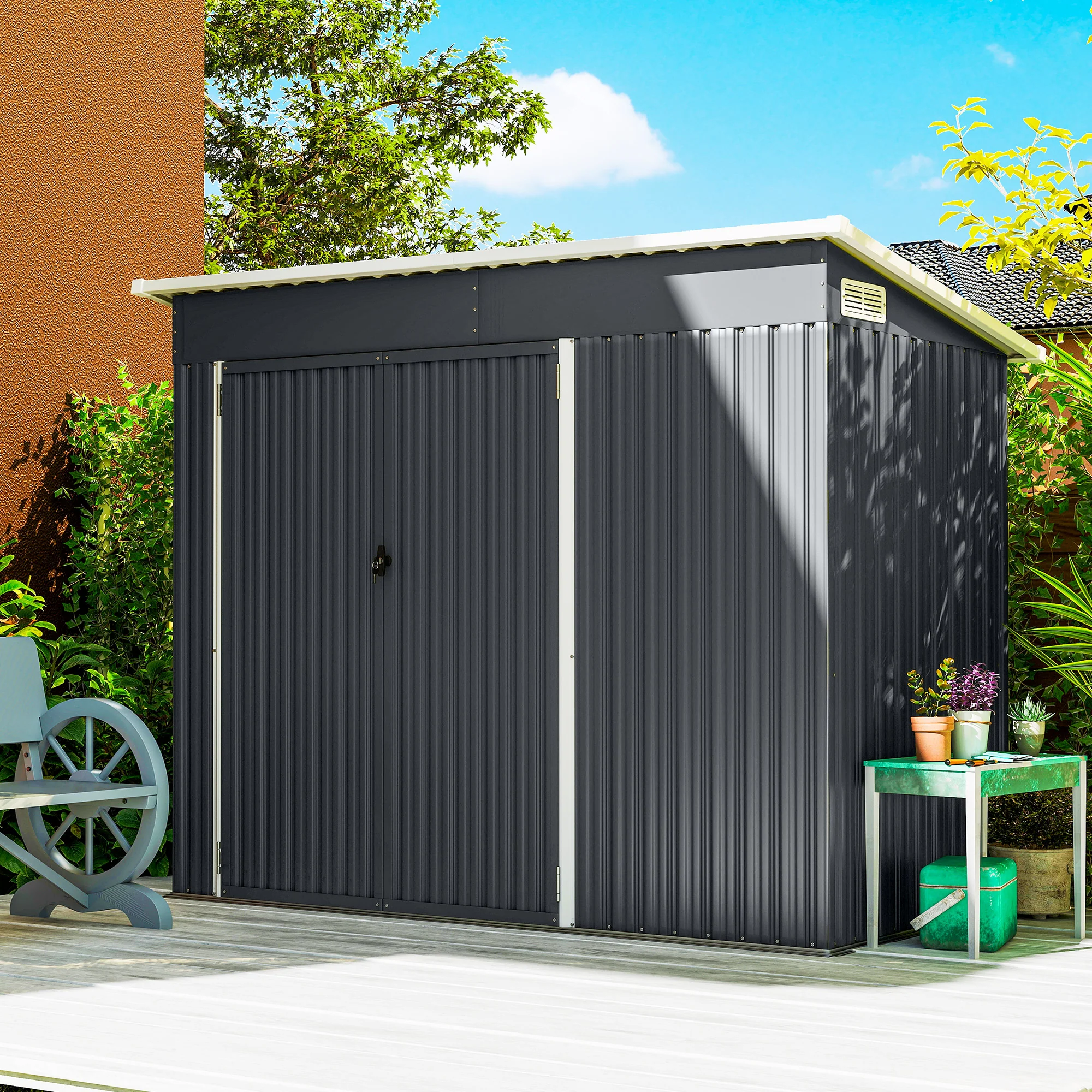 Outsunny Outdoor Storage Shed, 7.5 X 4.3ft Metal Garden Shed, Dark Grey - Image 9