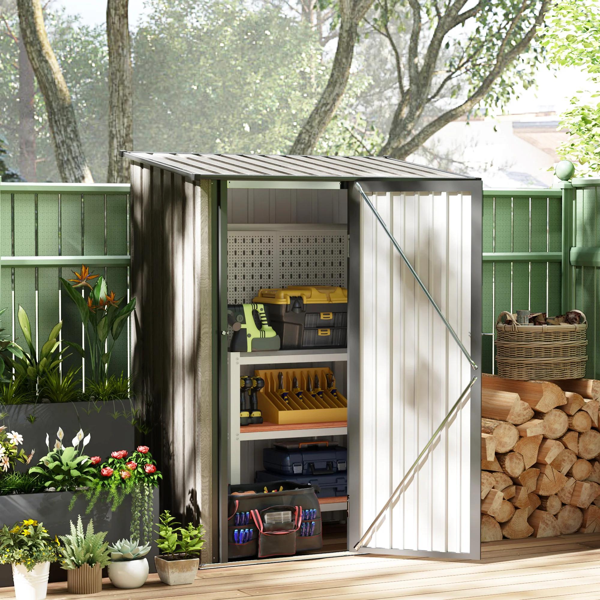 Outsunny Outdoor Storage Shed Steel Garden Shed w/ Lockable Door Light Grey - Image 2