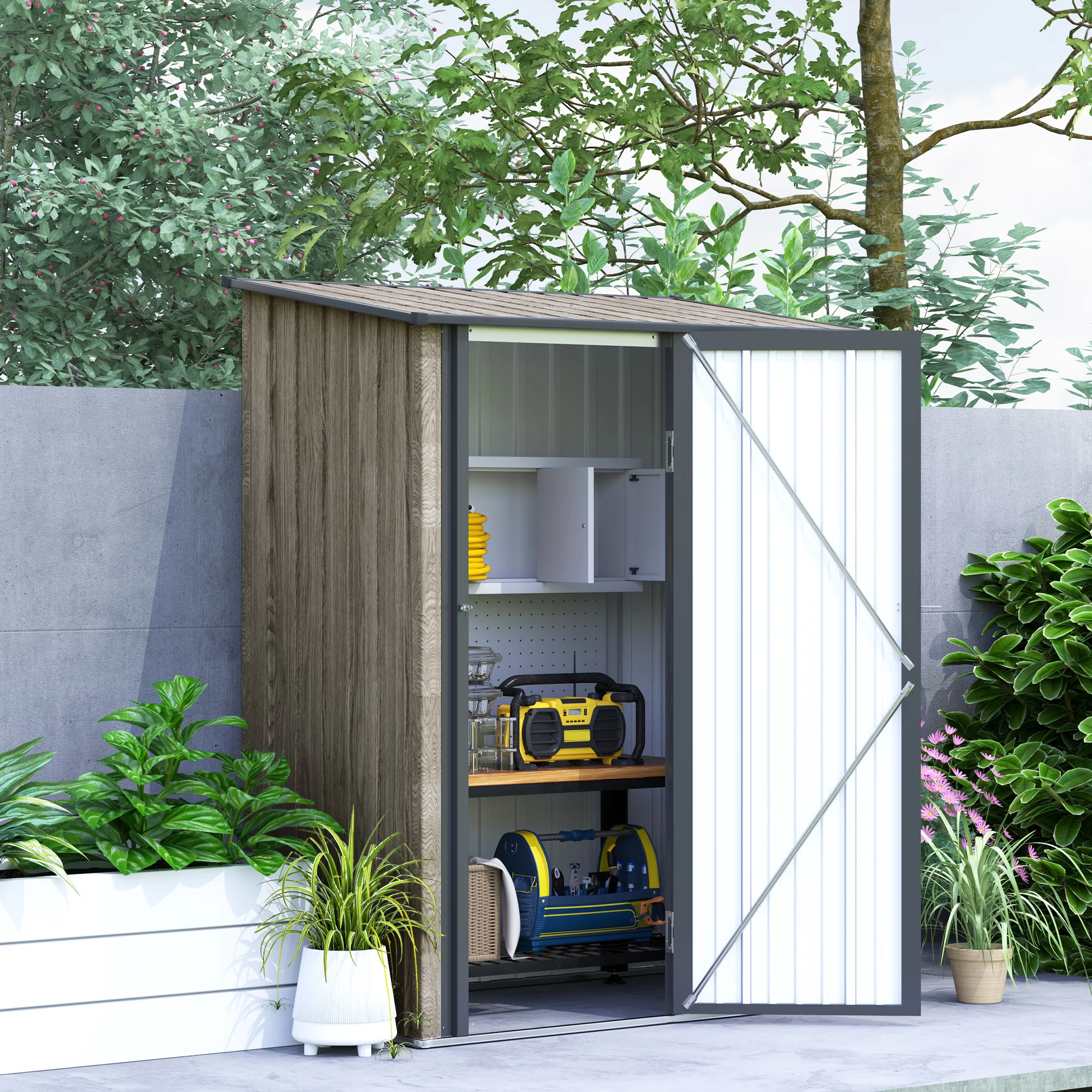 Outsunny Outdoor Storage Shed Steel Garden Shed w/ Lockable Door Light Grey - Image 7