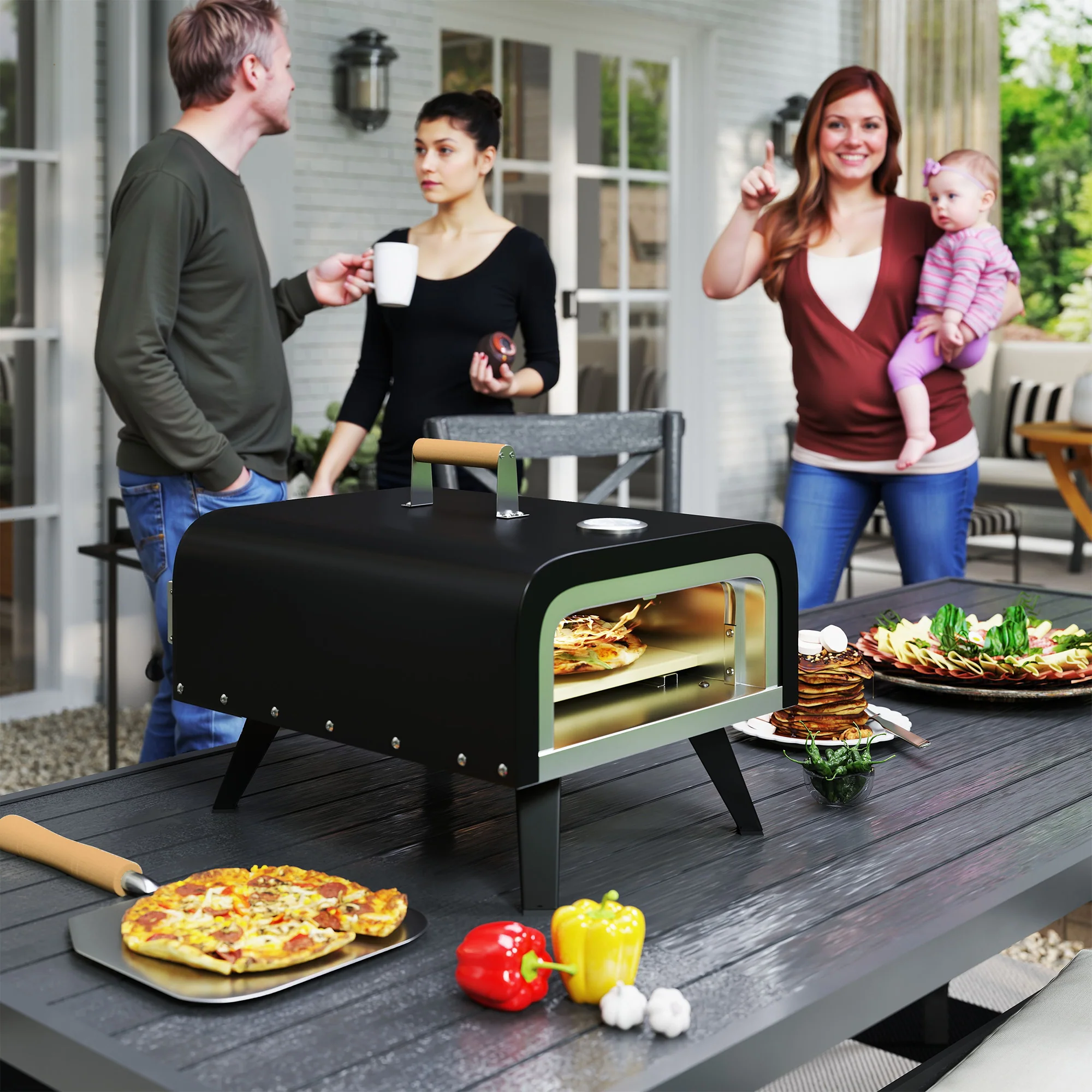 Outsunny Outdoor Tabletop Gas Pizza Oven with 12\" Pizza Stone & Peel, Black - Image 2