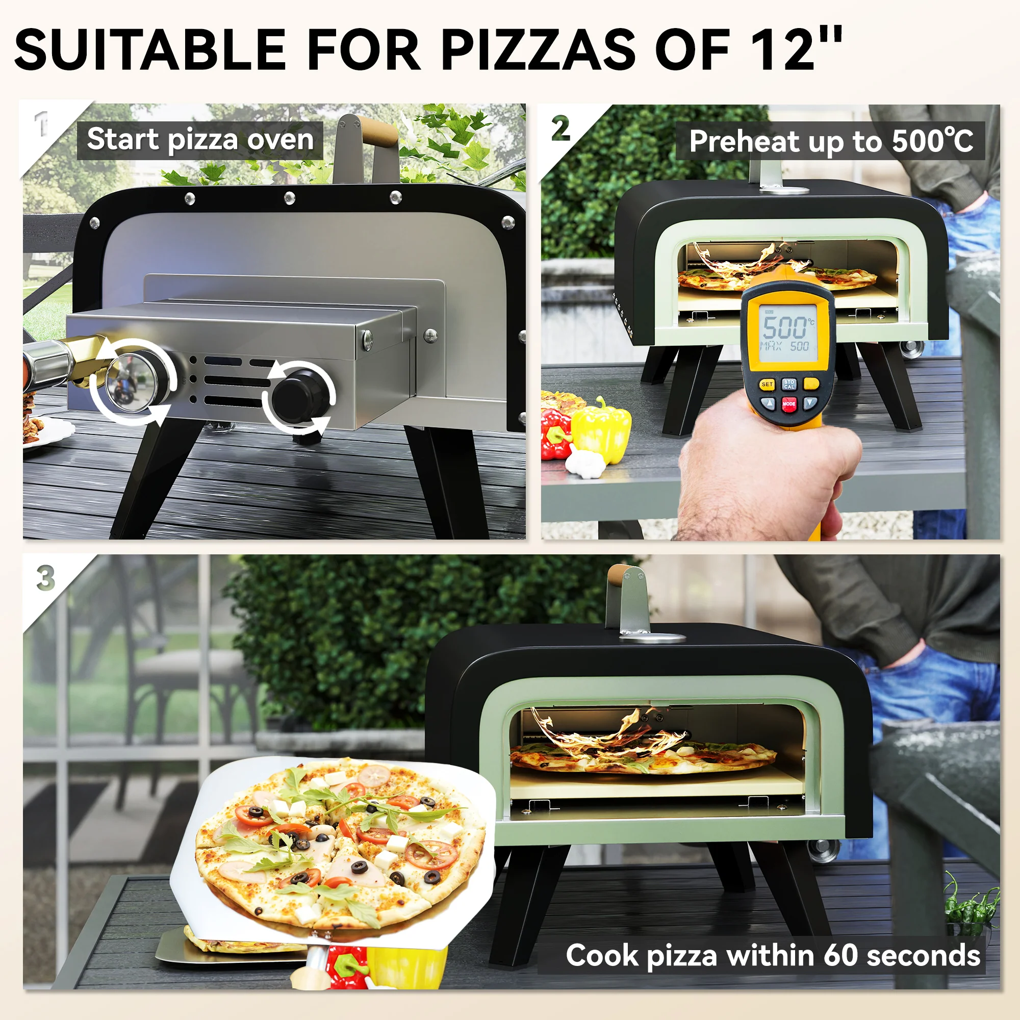 Outsunny Outdoor Tabletop Gas Pizza Oven with 12\" Pizza Stone & Peel, Black - Image 3