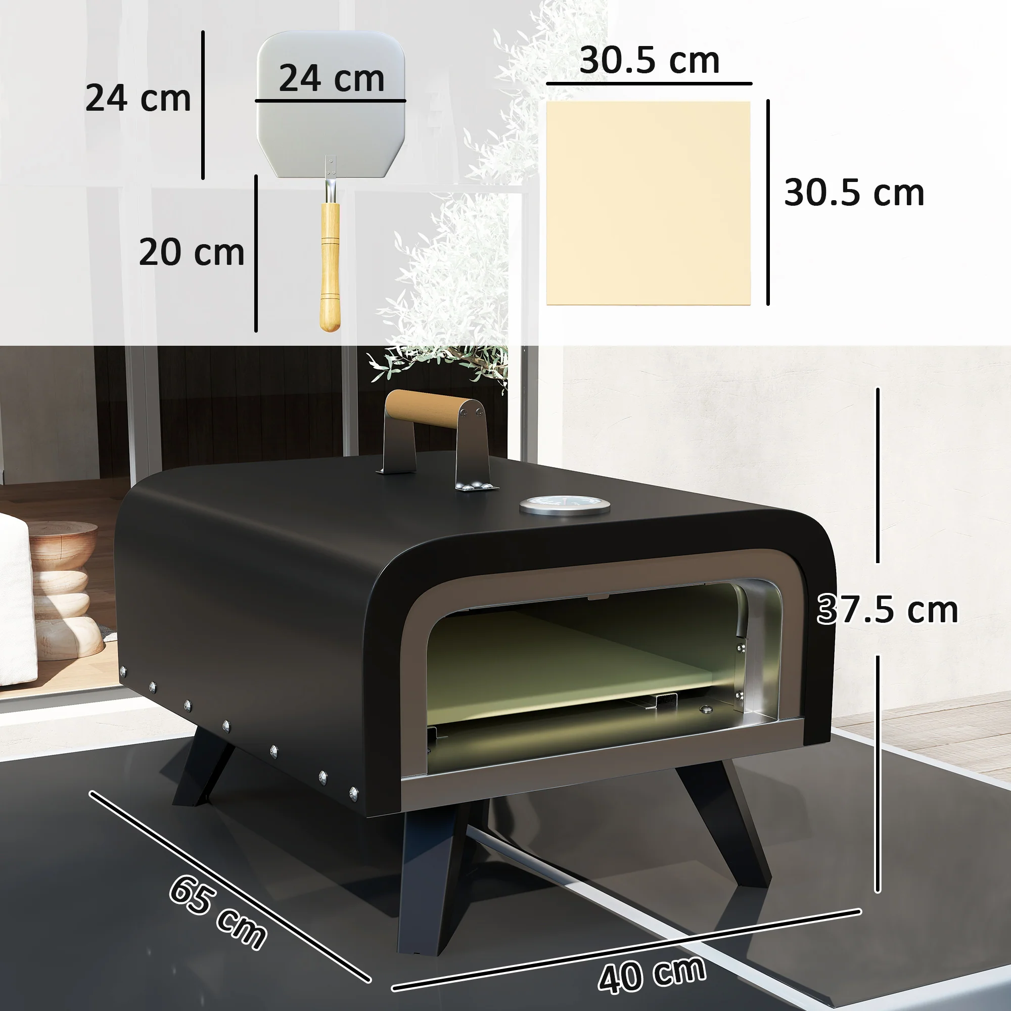 Outsunny Outdoor Tabletop Gas Pizza Oven with 12\" Pizza Stone & Peel, Black - Image 5