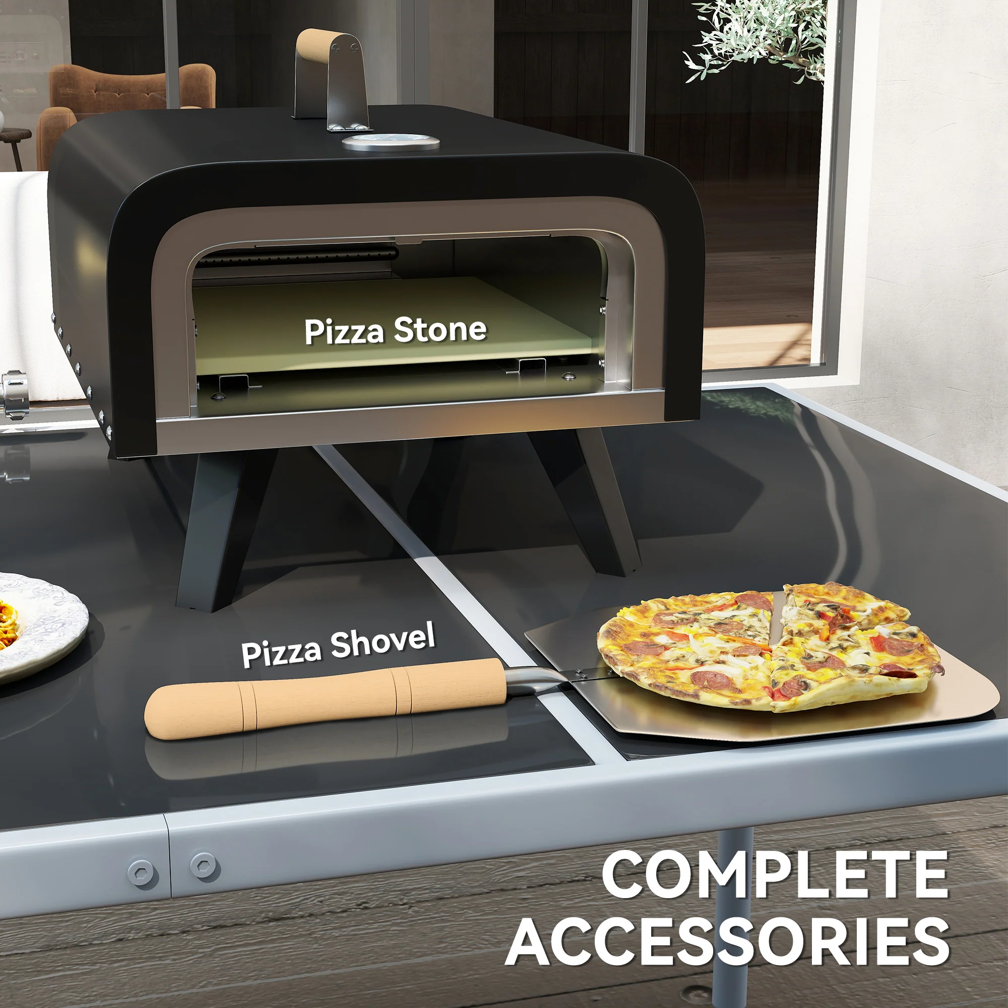 Outsunny Outdoor Tabletop Gas Pizza Oven with 12\" Pizza Stone & Peel, Black - Image 8