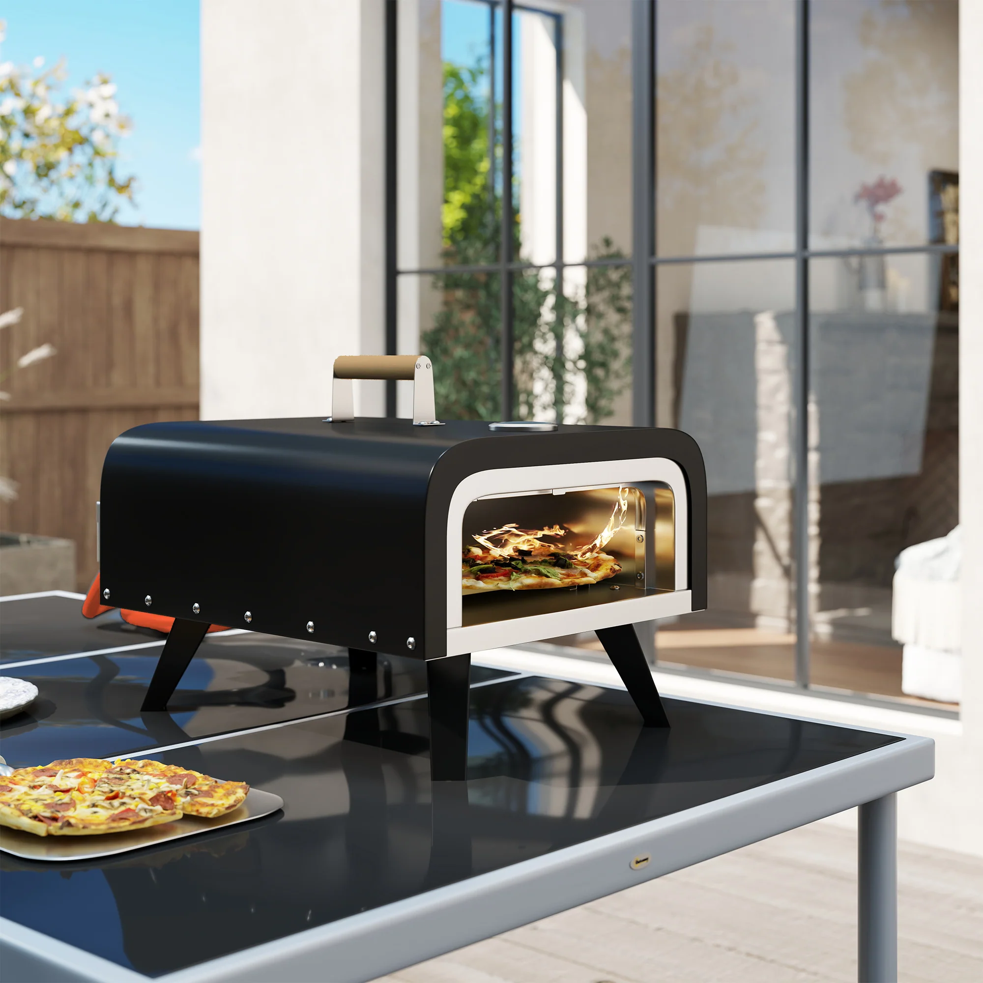 Outsunny Outdoor Tabletop Gas Pizza Oven with 12\" Pizza Stone & Peel, Black - Image 9
