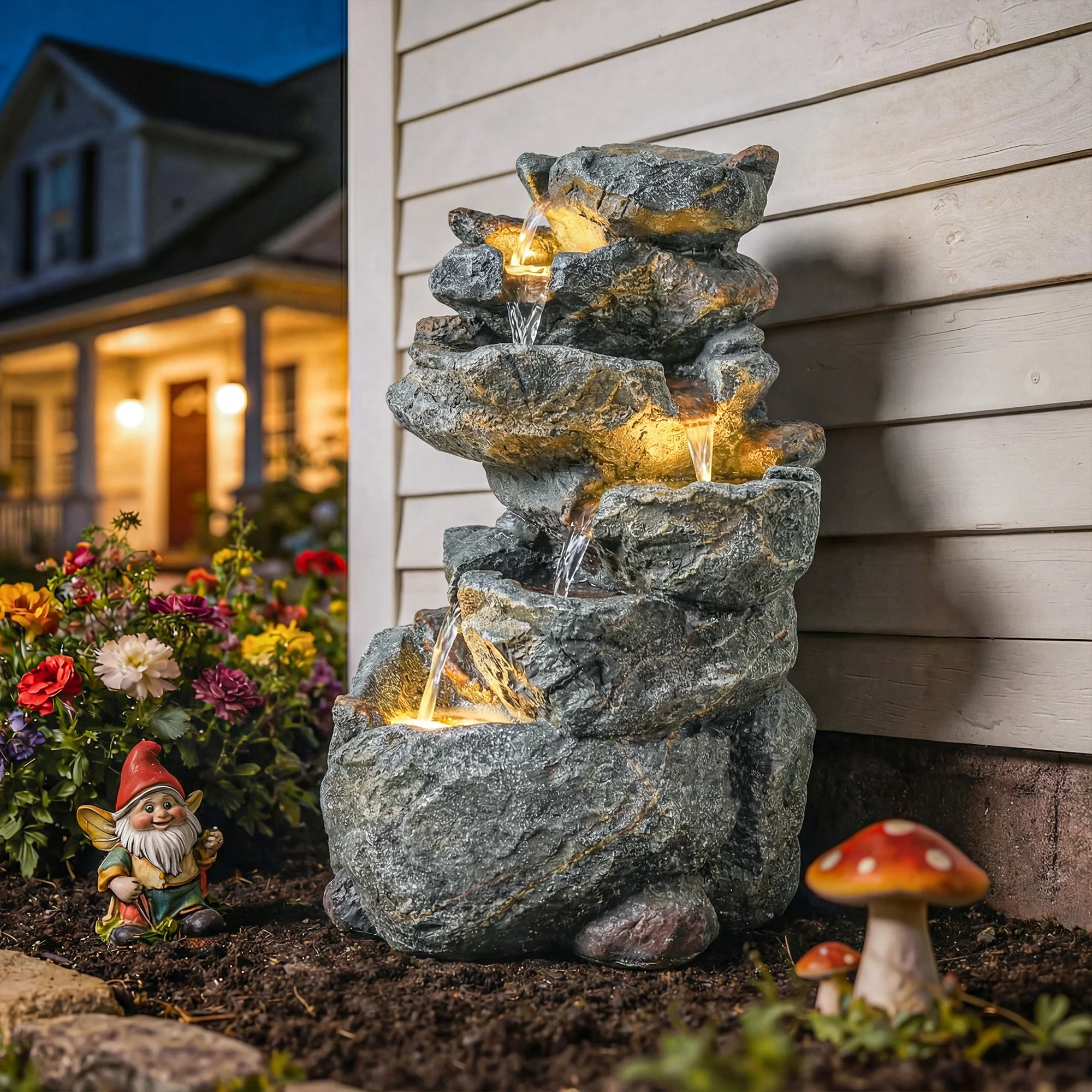 Outsunny Outdoor Water Fountain with 6-Tier Rock Style, LED Lights, Grey - Image 2