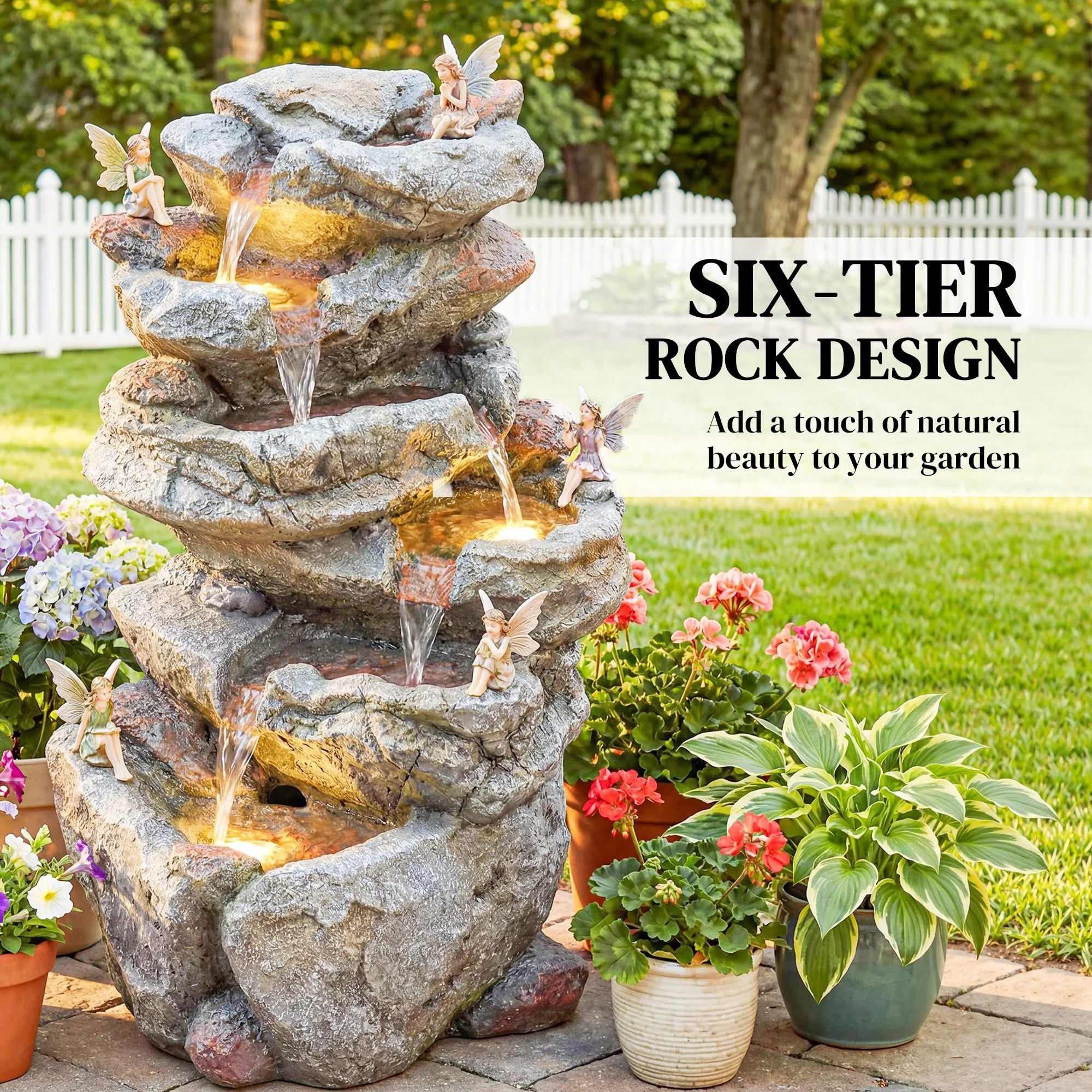 Outsunny Outdoor Water Fountain with 6-Tier Rock Style, LED Lights, Grey - Image 3