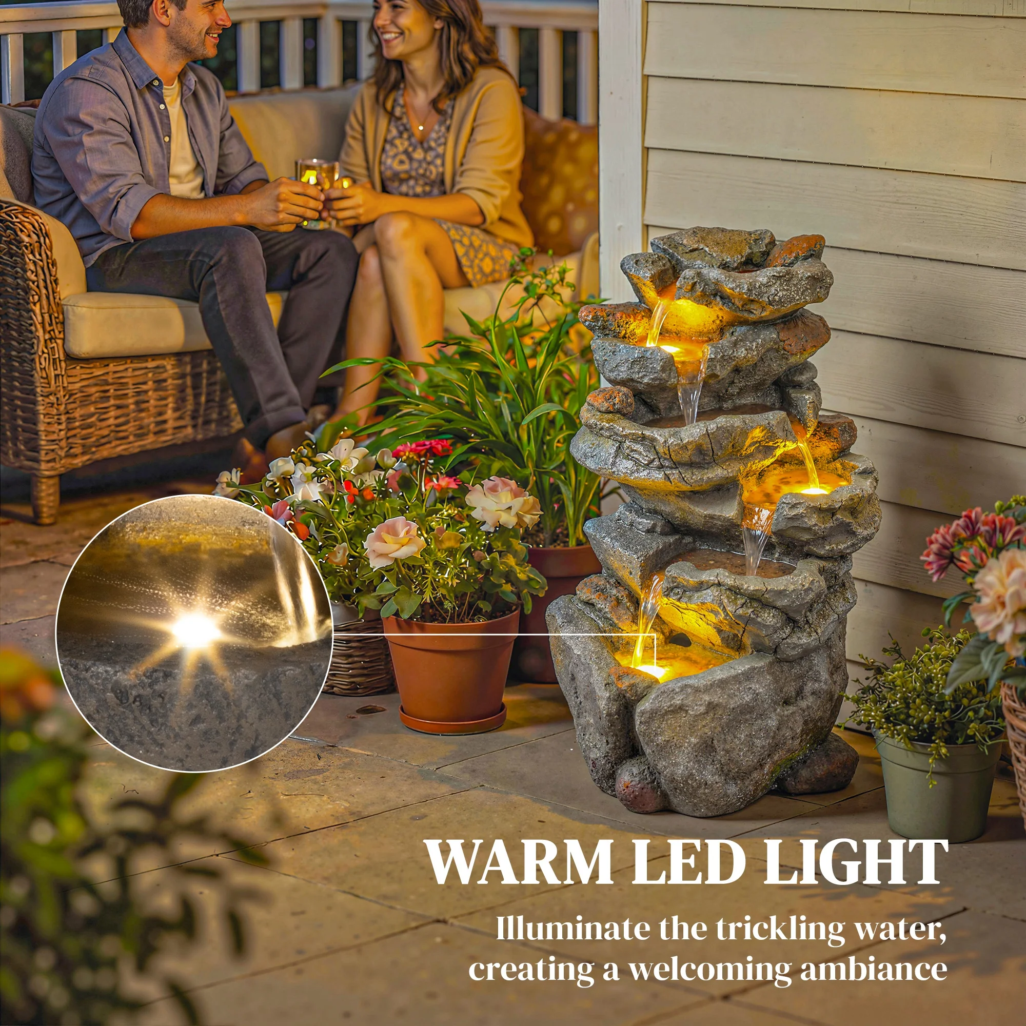 Outsunny Outdoor Water Fountain with 6-Tier Rock Style, LED Lights, Grey - Image 4