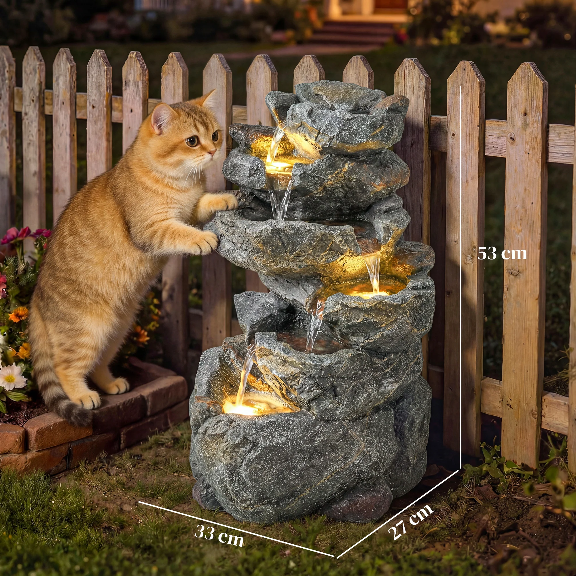 Outsunny Outdoor Water Fountain with 6-Tier Rock Style, LED Lights, Grey - Image 5