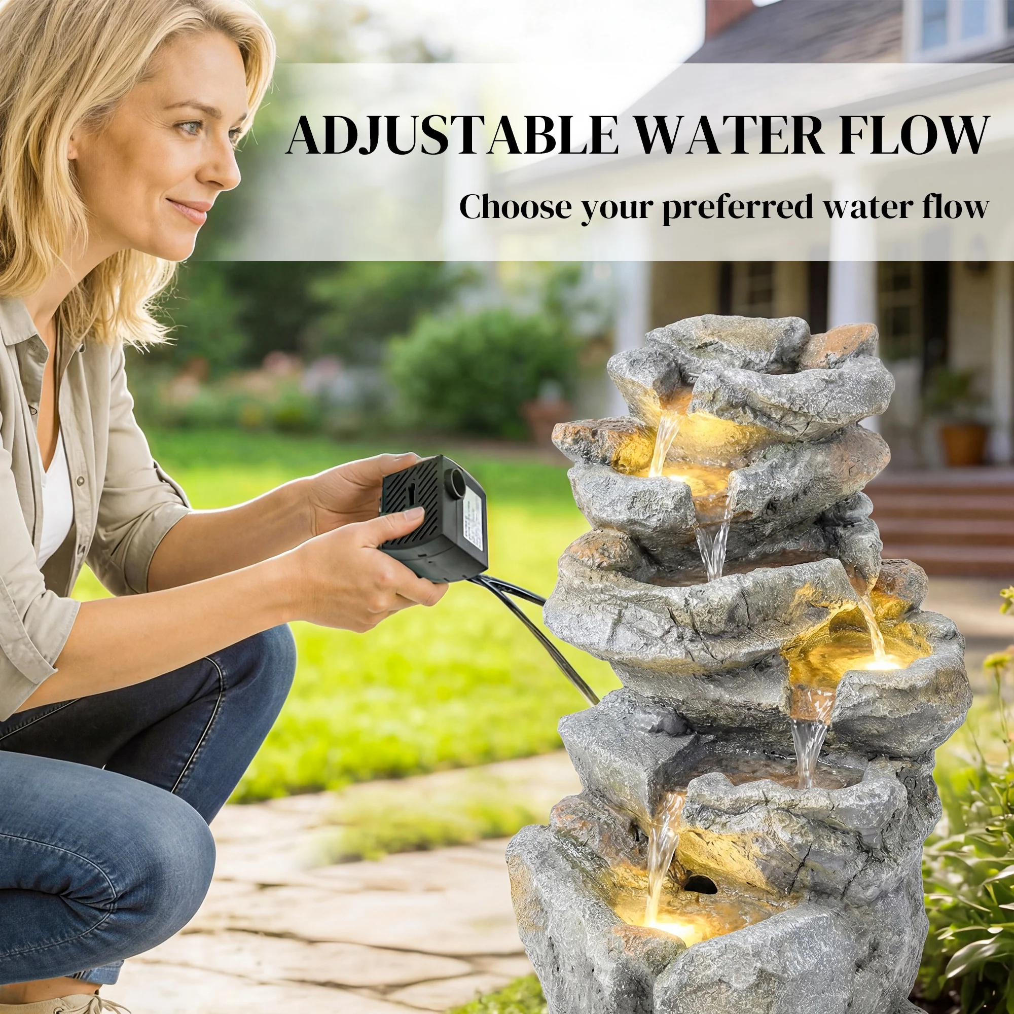 Outsunny Outdoor Water Fountain with 6-Tier Rock Style, LED Lights, Grey - Image 6