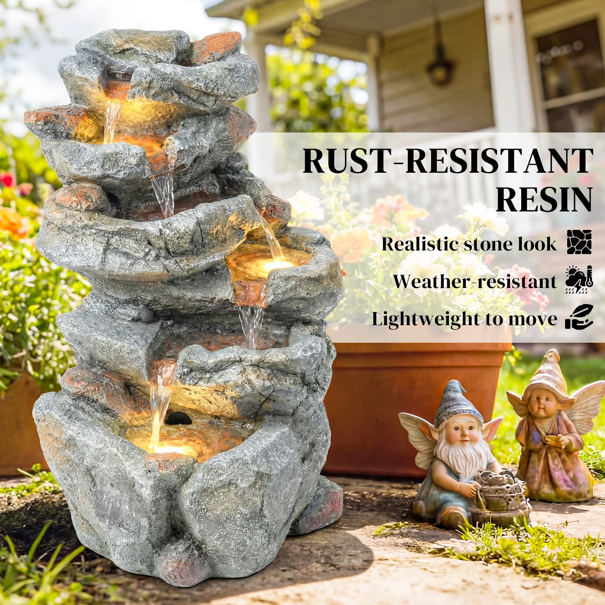 Outsunny Outdoor Water Fountain with 6-Tier Rock Style, LED Lights, Grey - Image 8
