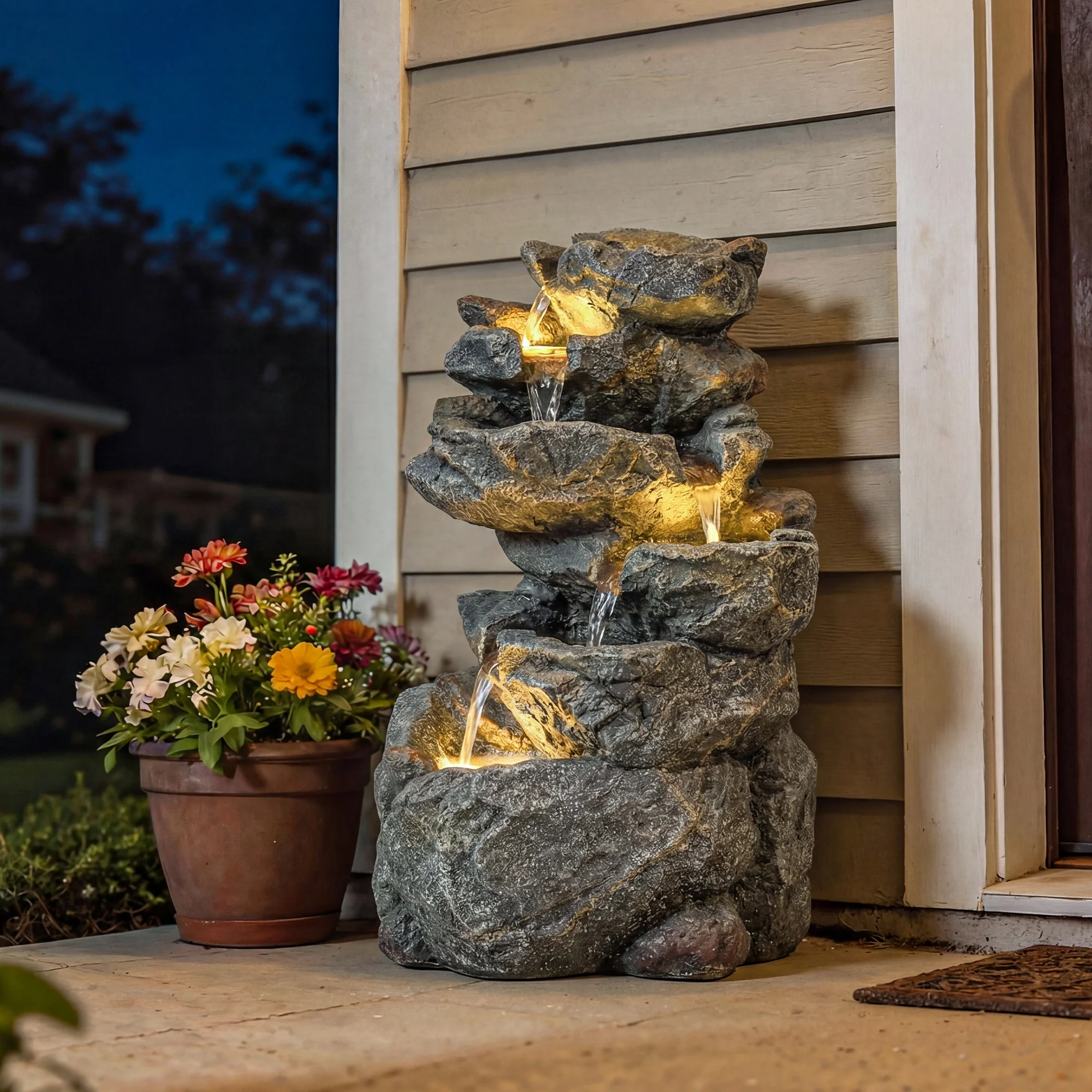 Outsunny Outdoor Water Fountain with 6-Tier Rock Style, LED Lights, Grey - Image 9