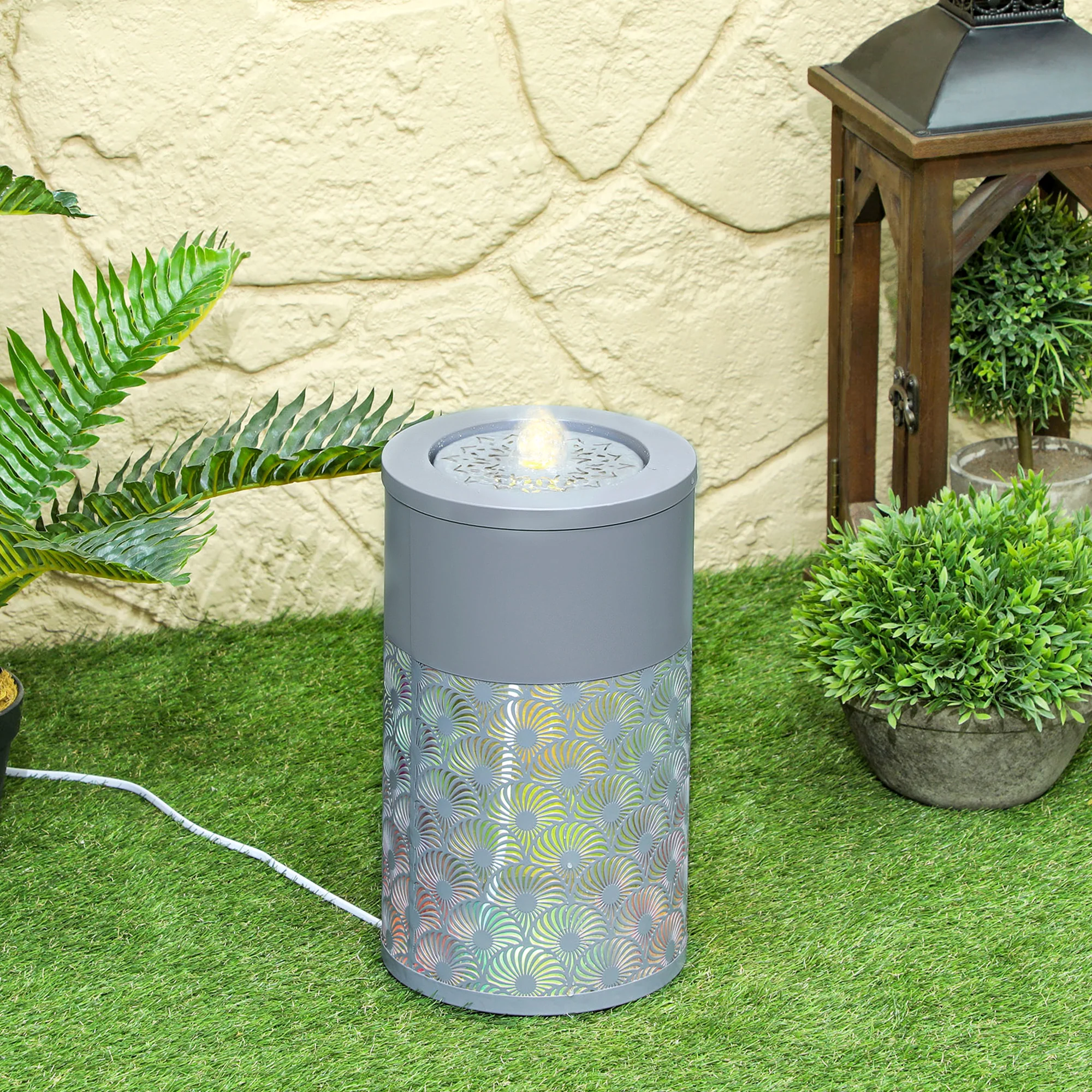Outsunny Outdoor Waterfall Fountain Water Feature with LED, Light Grey - Image 8
