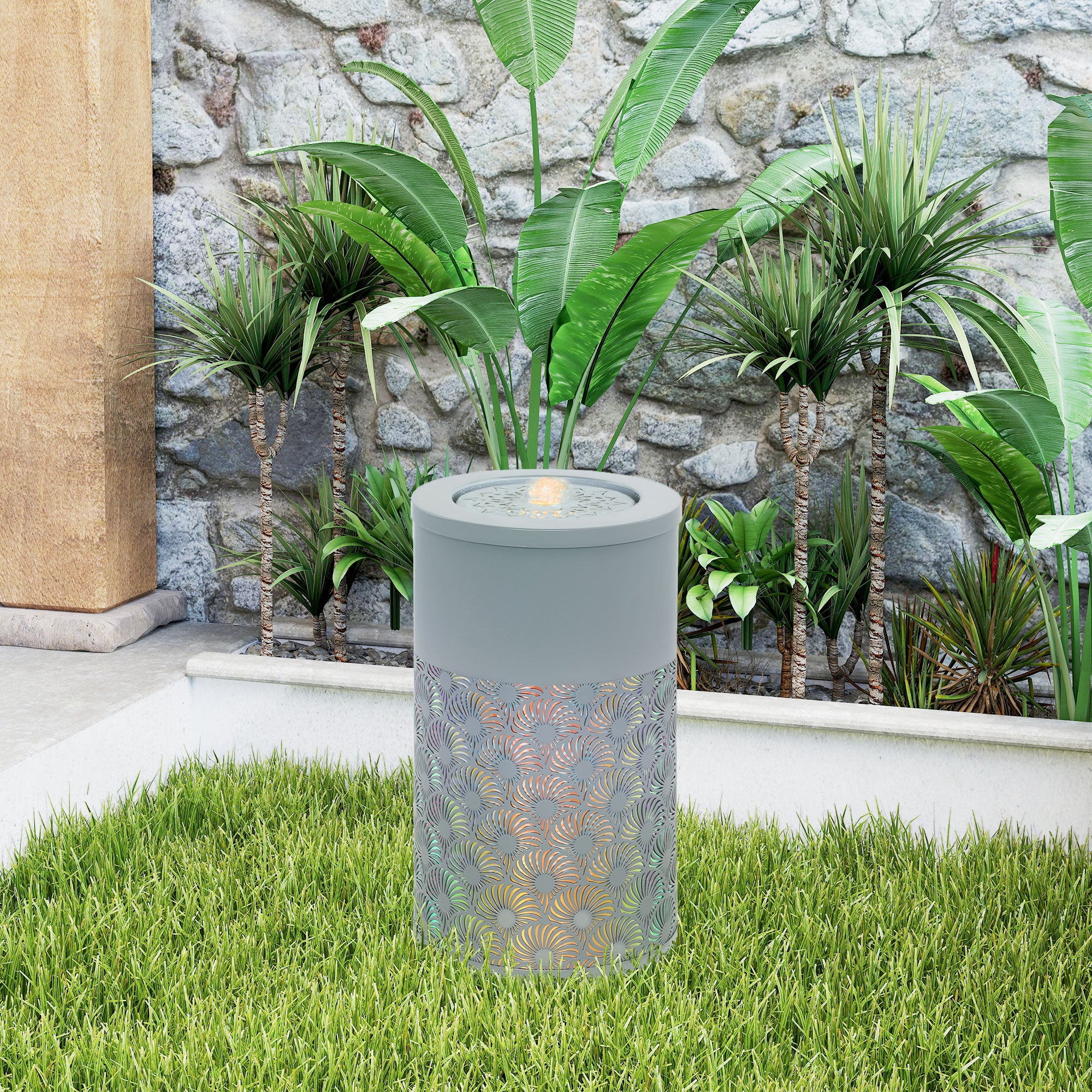 Outsunny Outdoor Waterfall Fountain Water Feature with LED, Light Grey - Image 9