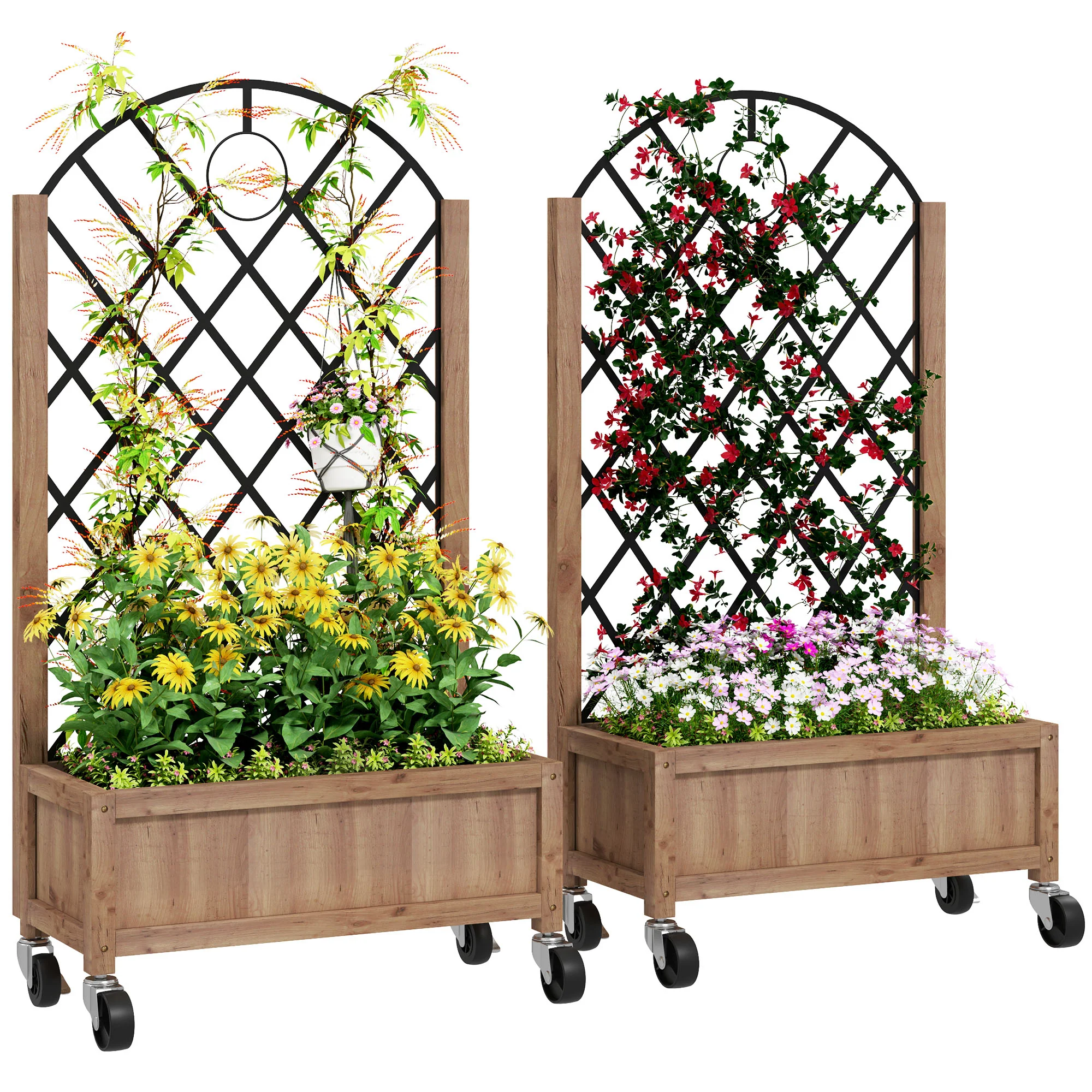 Outsunny Pack of 2 Wooden Raised Bed, Outdoor Planter Box w/ Metal Trellis