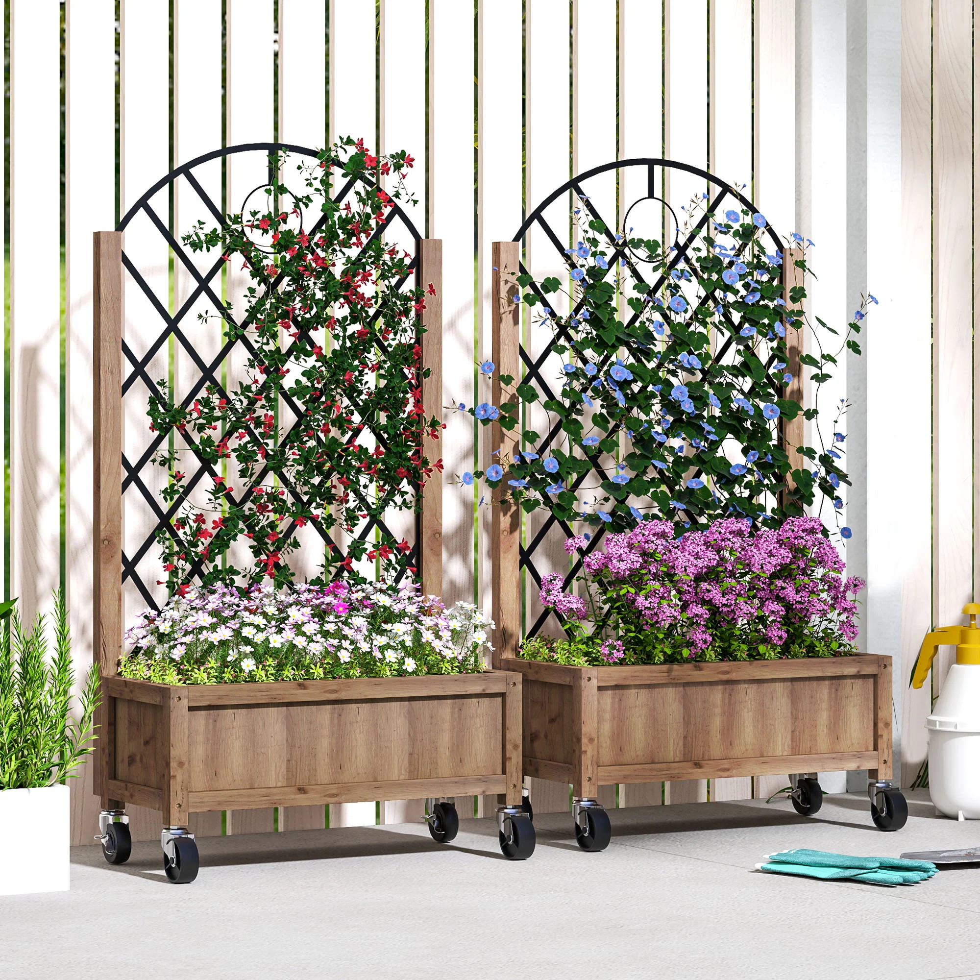 Outsunny Pack of 2 Wooden Raised Bed, Outdoor Planter Box w/ Metal Trellis - Image 2