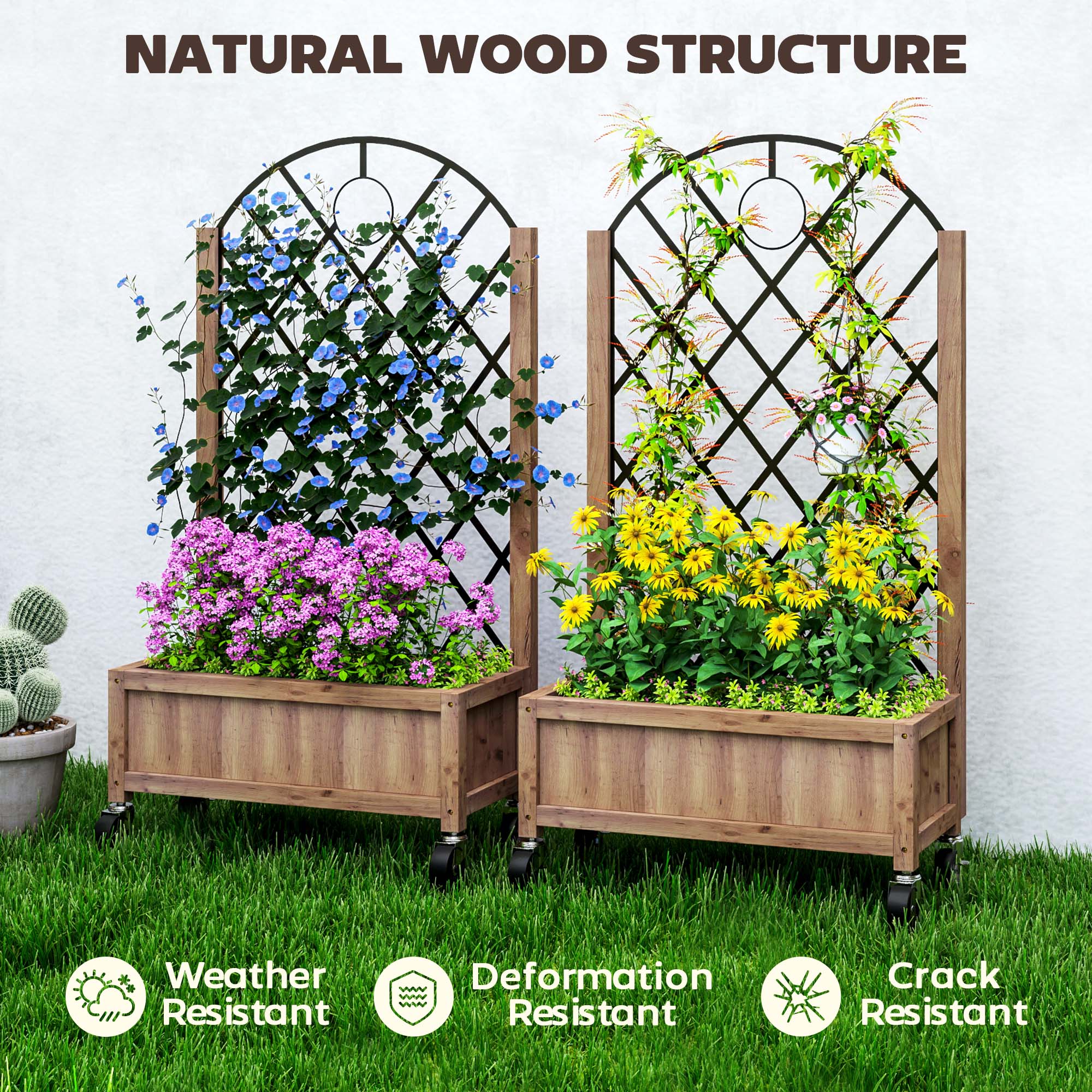 Outsunny Pack of 2 Wooden Raised Bed, Outdoor Planter Box w/ Metal Trellis - Image 7