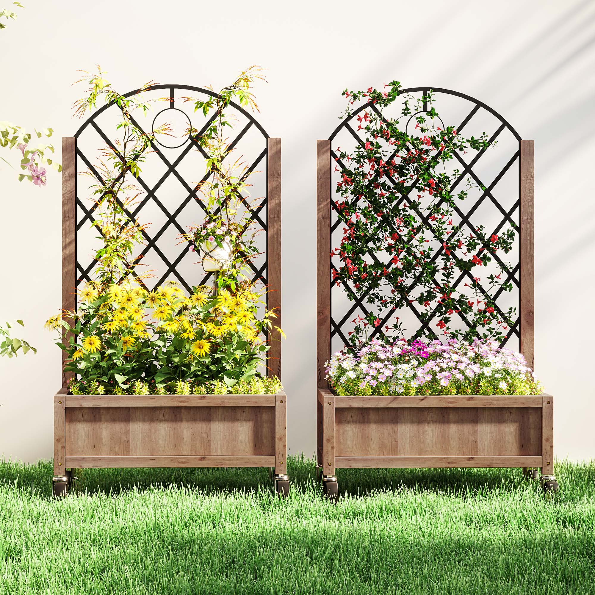 Outsunny Pack of 2 Wooden Raised Bed, Outdoor Planter Box w/ Metal Trellis - Image 8