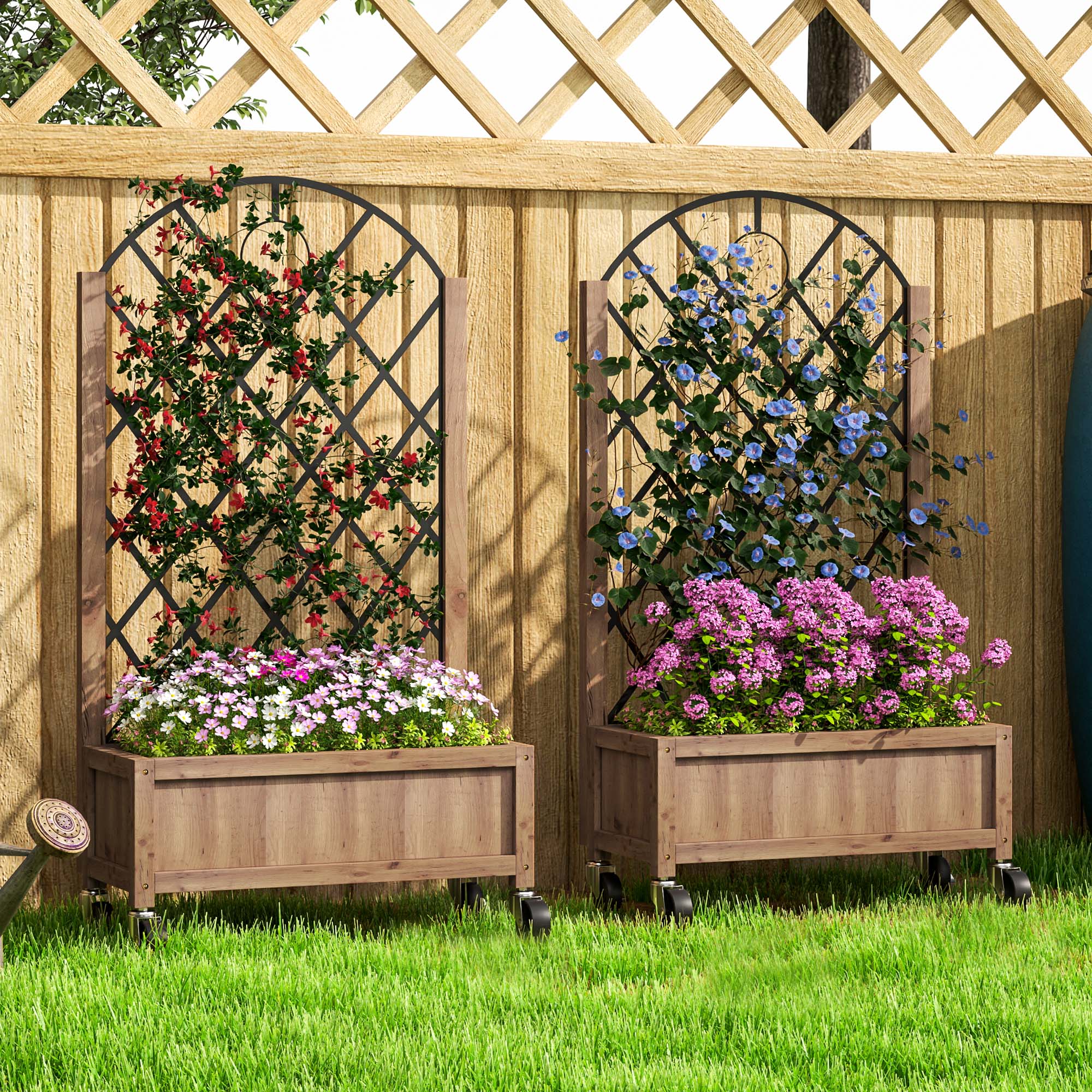 Outsunny Pack of 2 Wooden Raised Bed, Outdoor Planter Box w/ Metal Trellis - Image 9
