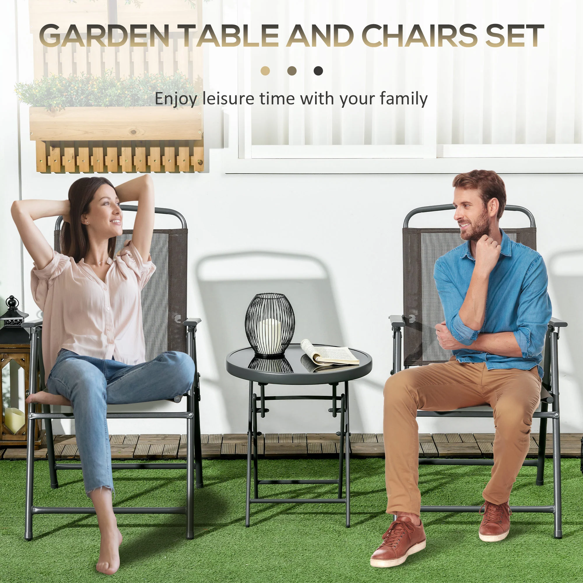 Outsunny Patio Bistro Set Folding Chairs & Coffee Table For Balcony, Brown - Image 4