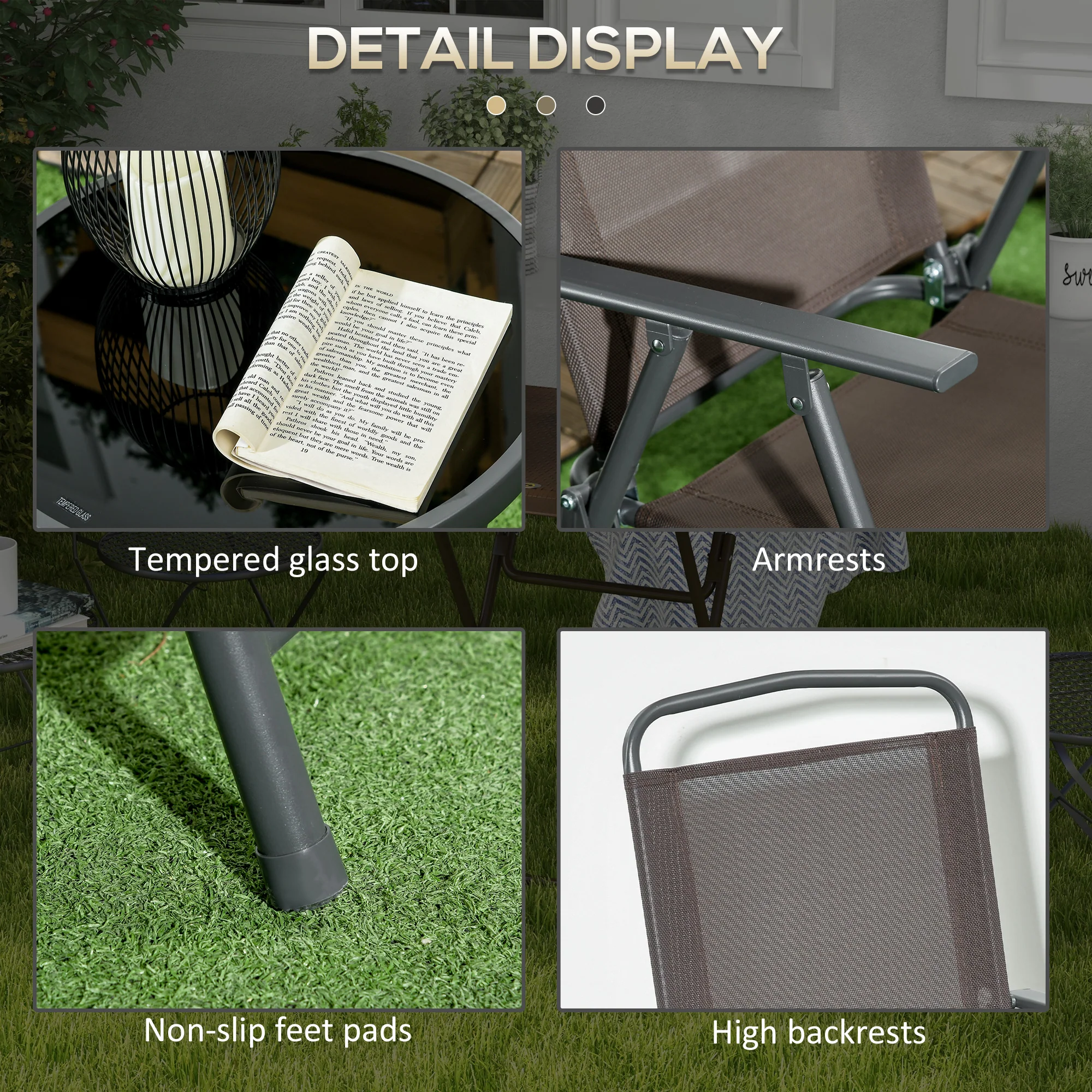 Outsunny Patio Bistro Set Folding Chairs & Coffee Table For Balcony, Brown - Image 7