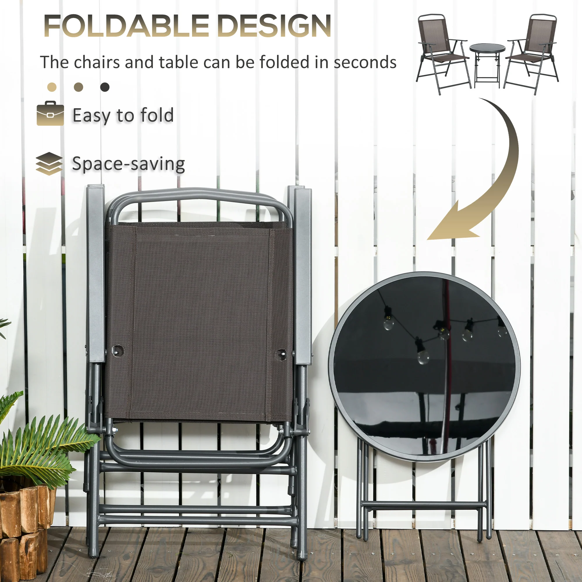 Outsunny Patio Bistro Set Folding Chairs & Coffee Table For Balcony, Dark Grey - Image 3