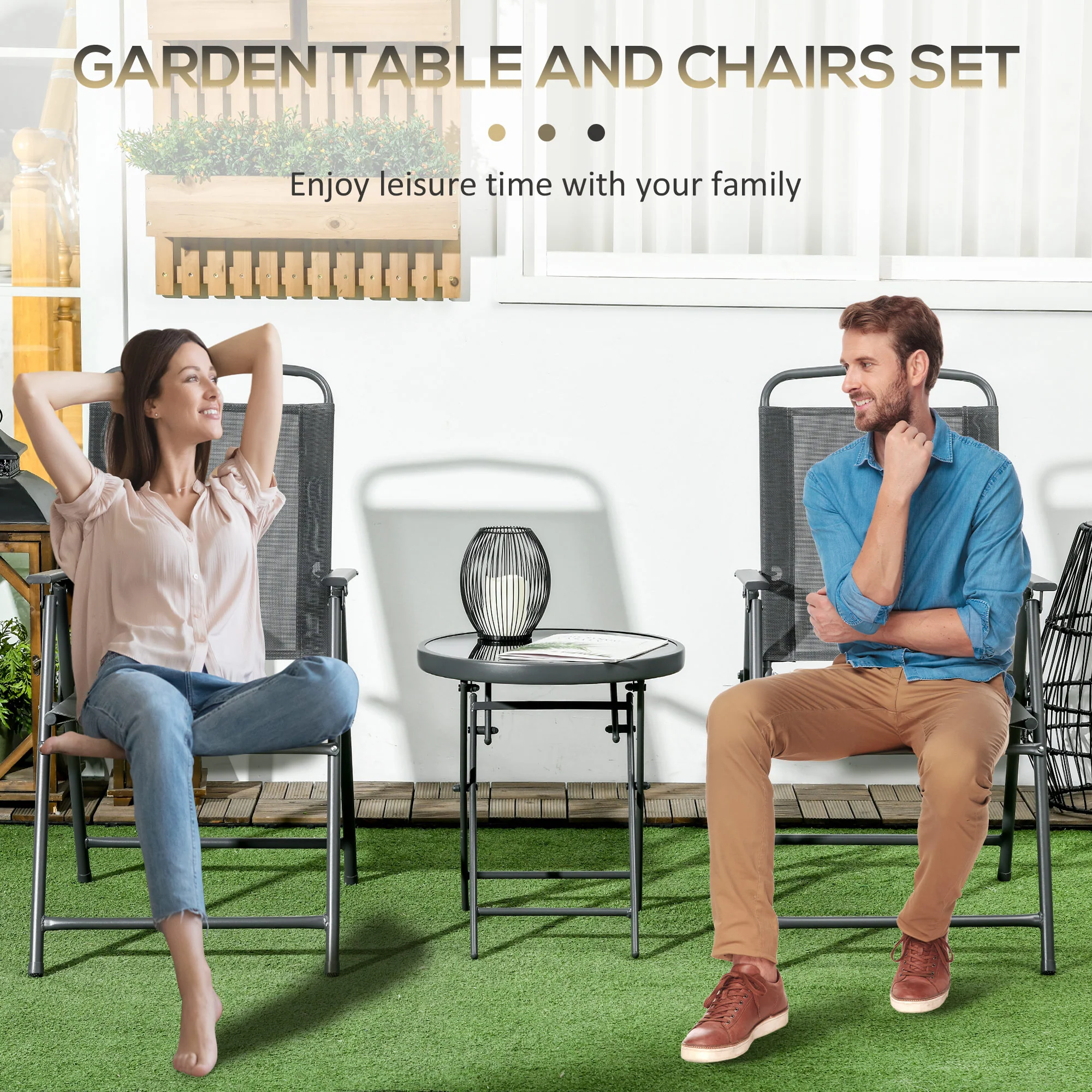 Outsunny Patio Bistro Set Folding Chairs & Coffee Table For Balcony, Dark Grey - Image 4