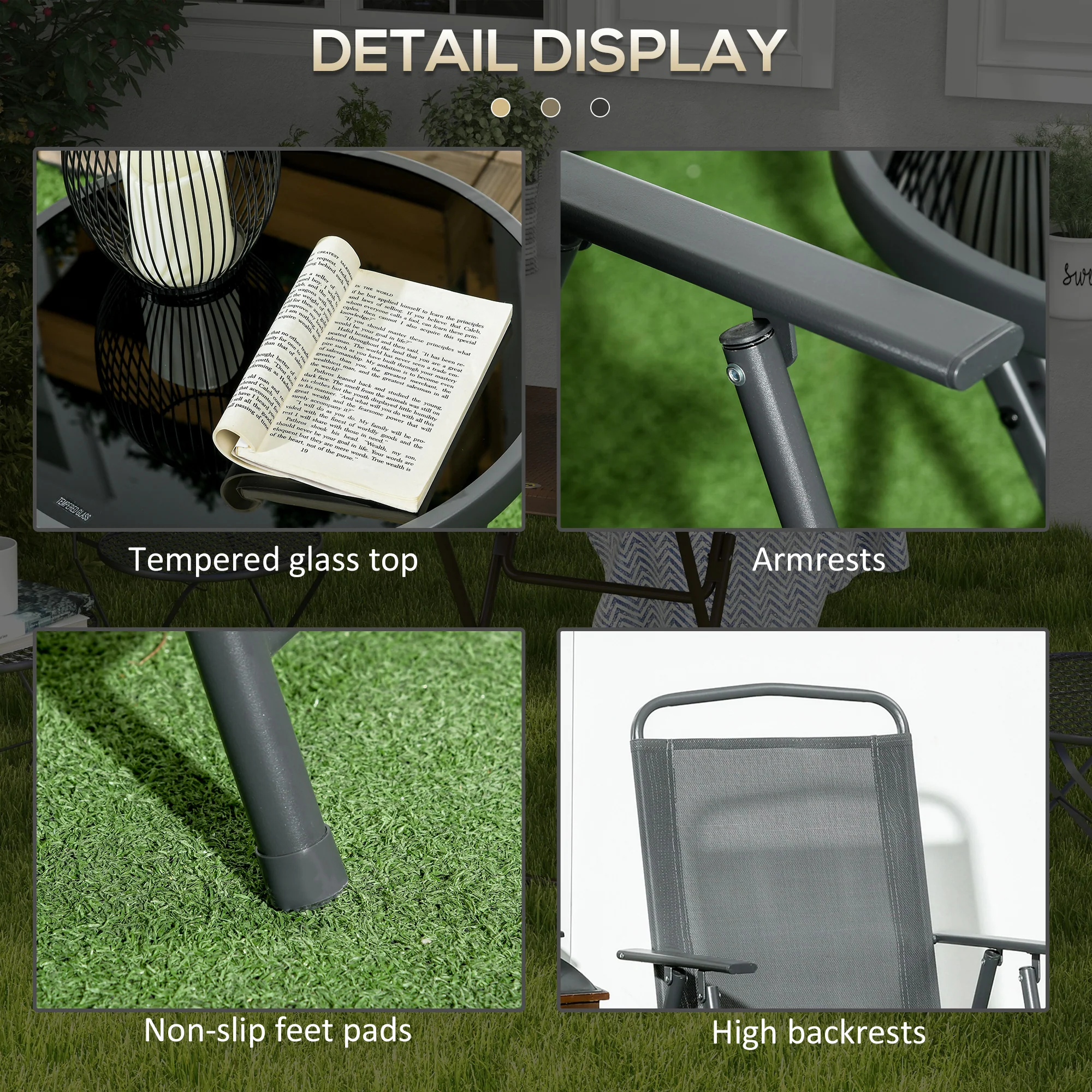 Outsunny Patio Bistro Set Folding Chairs & Coffee Table For Balcony, Dark Grey - Image 7