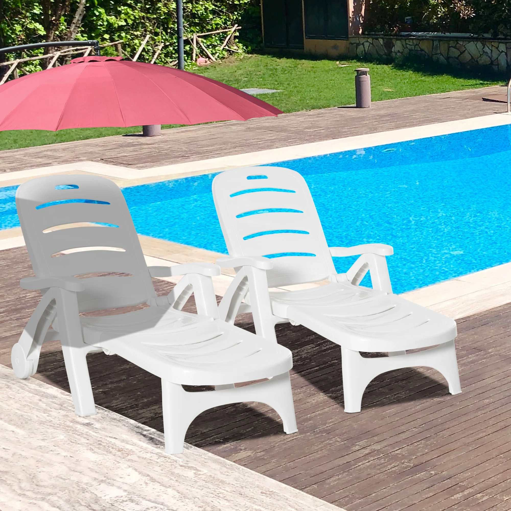 Outsunny Patio Folding Lounge Chairs Recliners with Wheels & 5-Position Backrest - Image 2
