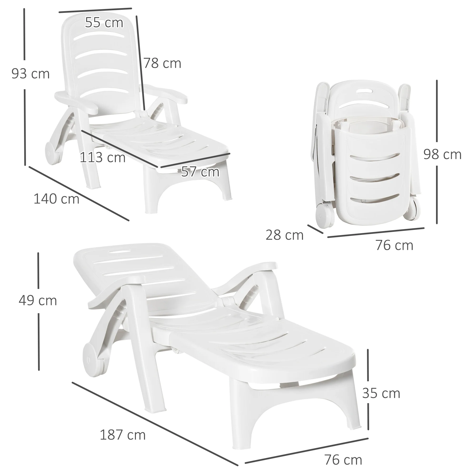 Outsunny Patio Folding Lounge Chairs Recliners with Wheels & 5-Position Backrest - Image 5