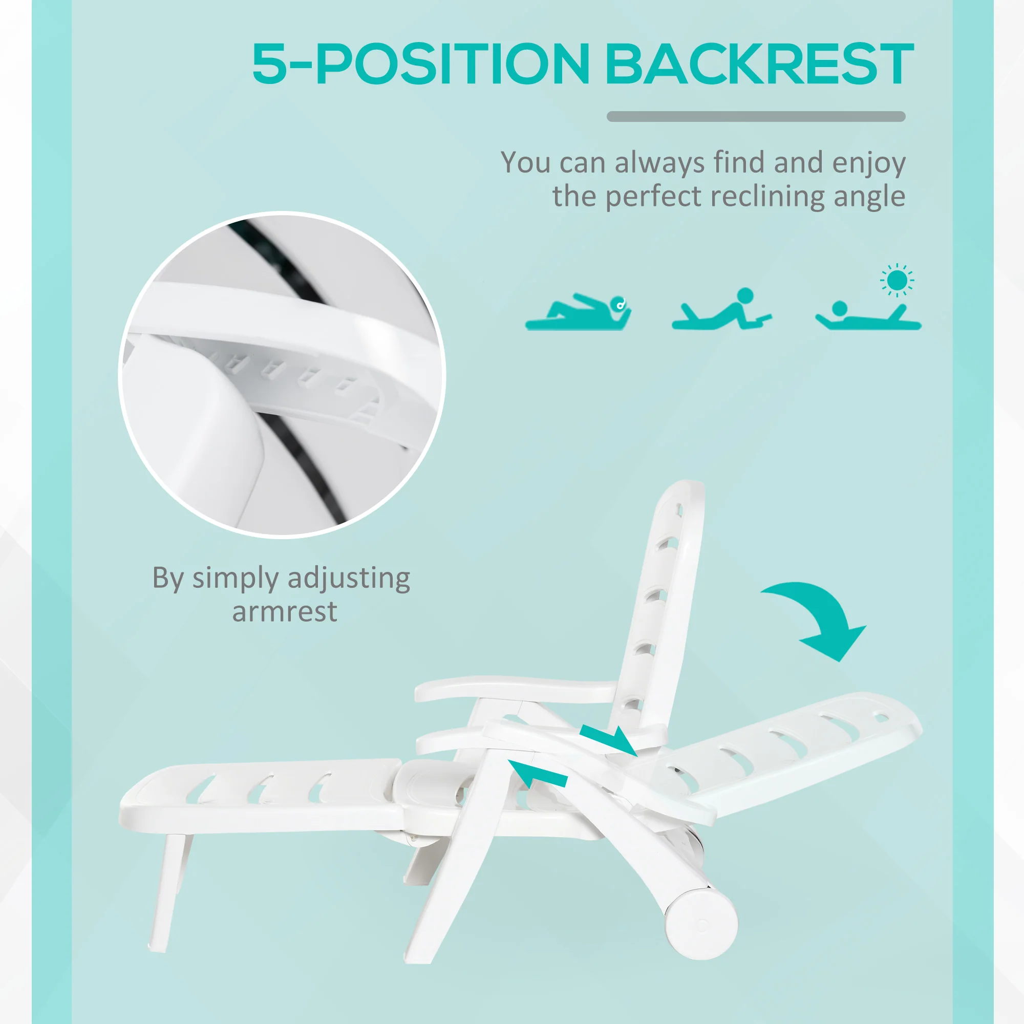 Outsunny Patio Folding Lounge Chairs Recliners with Wheels & 5-Position Backrest - Image 6