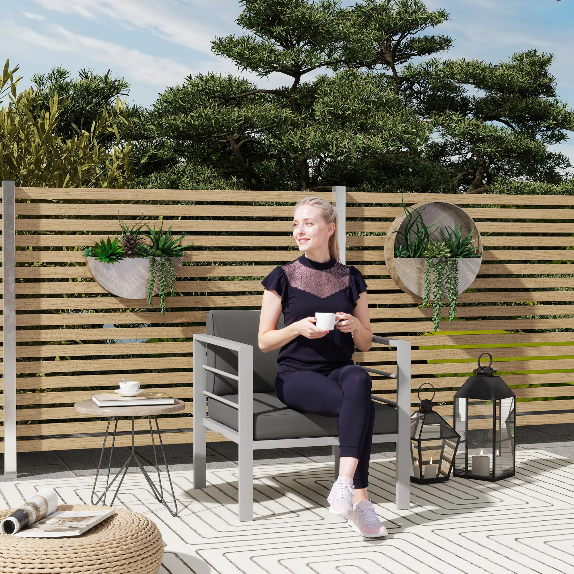 Outsunny Patio Furniture Aluminium Armchair with Cushions, Charcoal Grey - Image 2