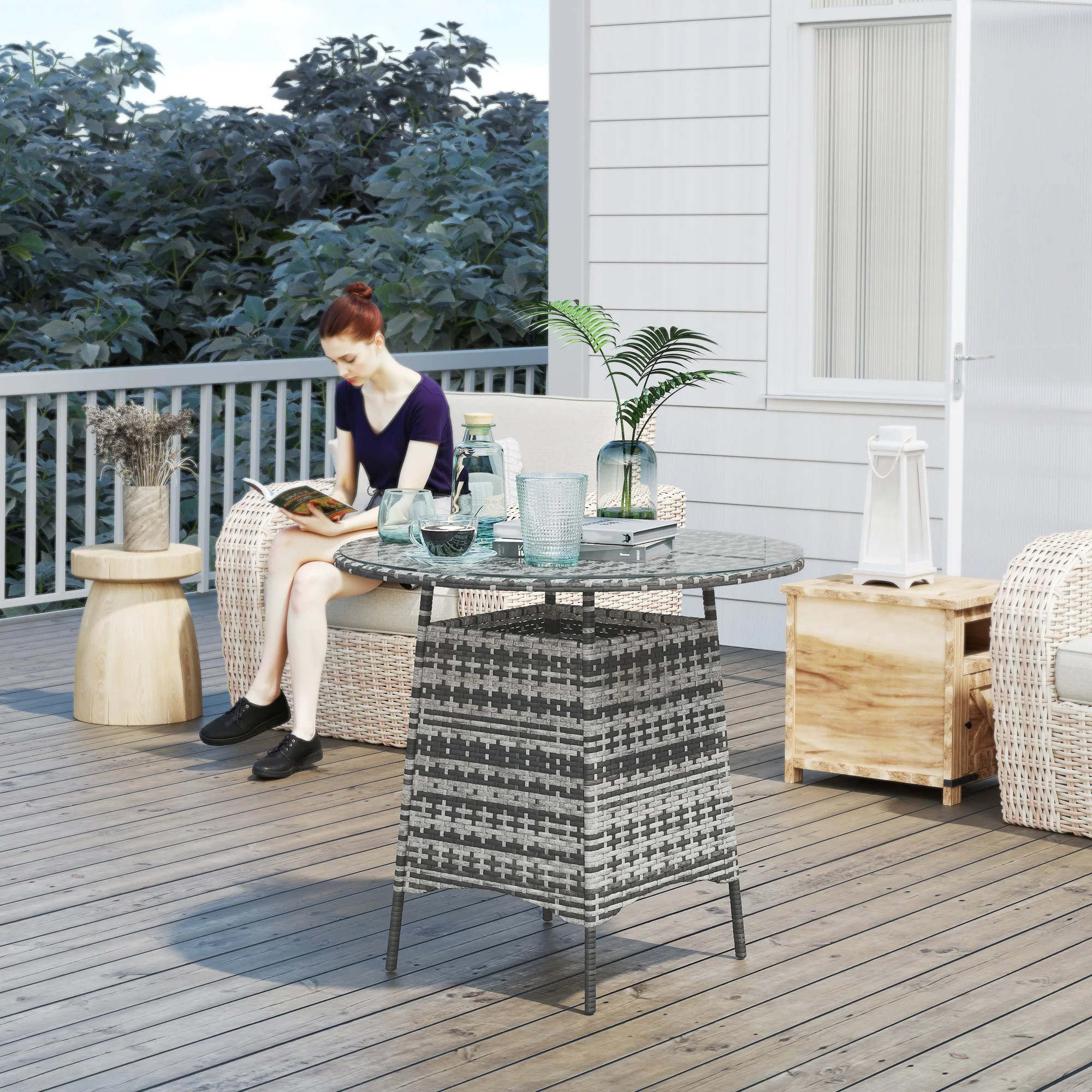 Outsunny Patio Furniture Rattan Garden Table With Umbrella Hole - Image 11