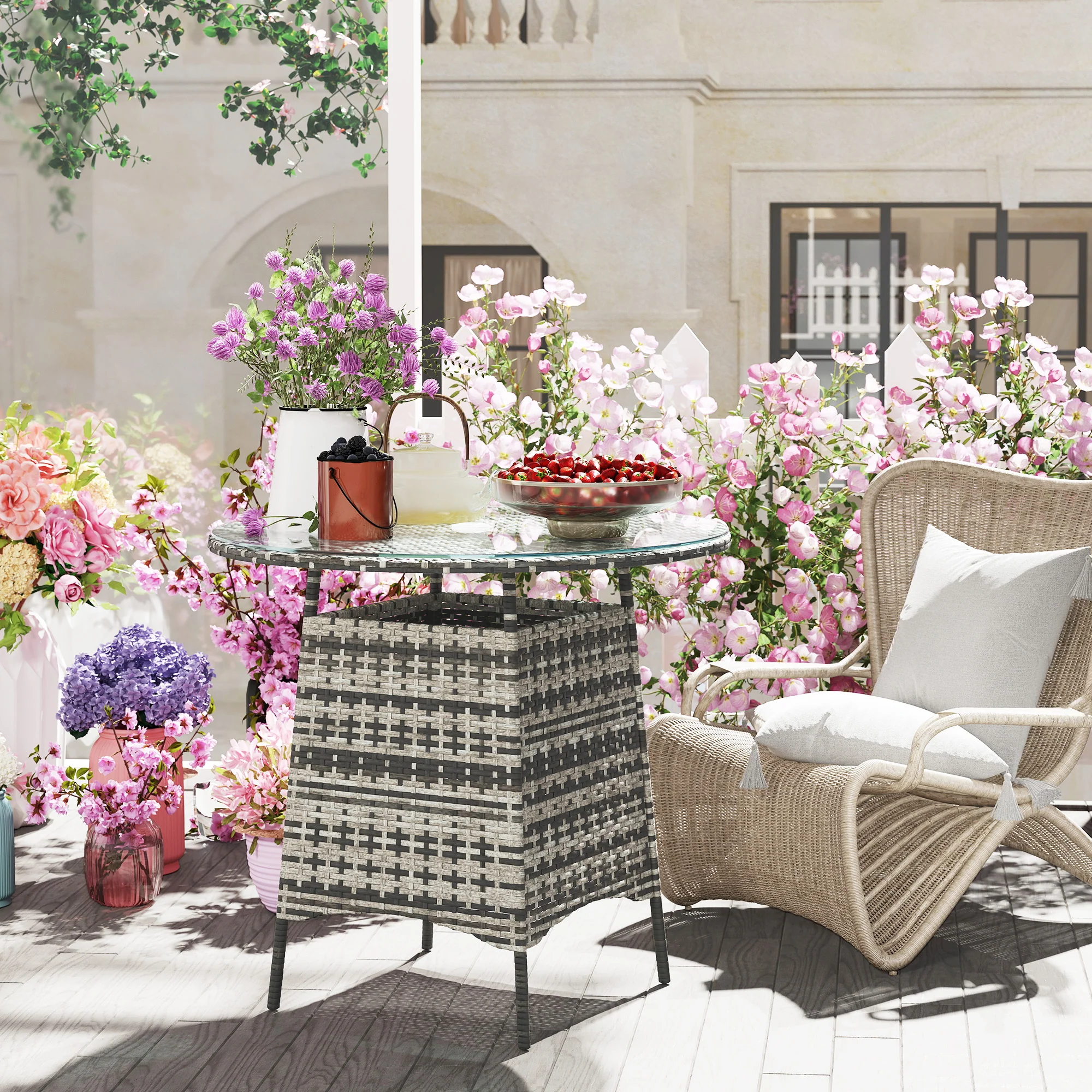 Outsunny Patio Furniture Rattan Garden Table With Umbrella Hole - Image 18