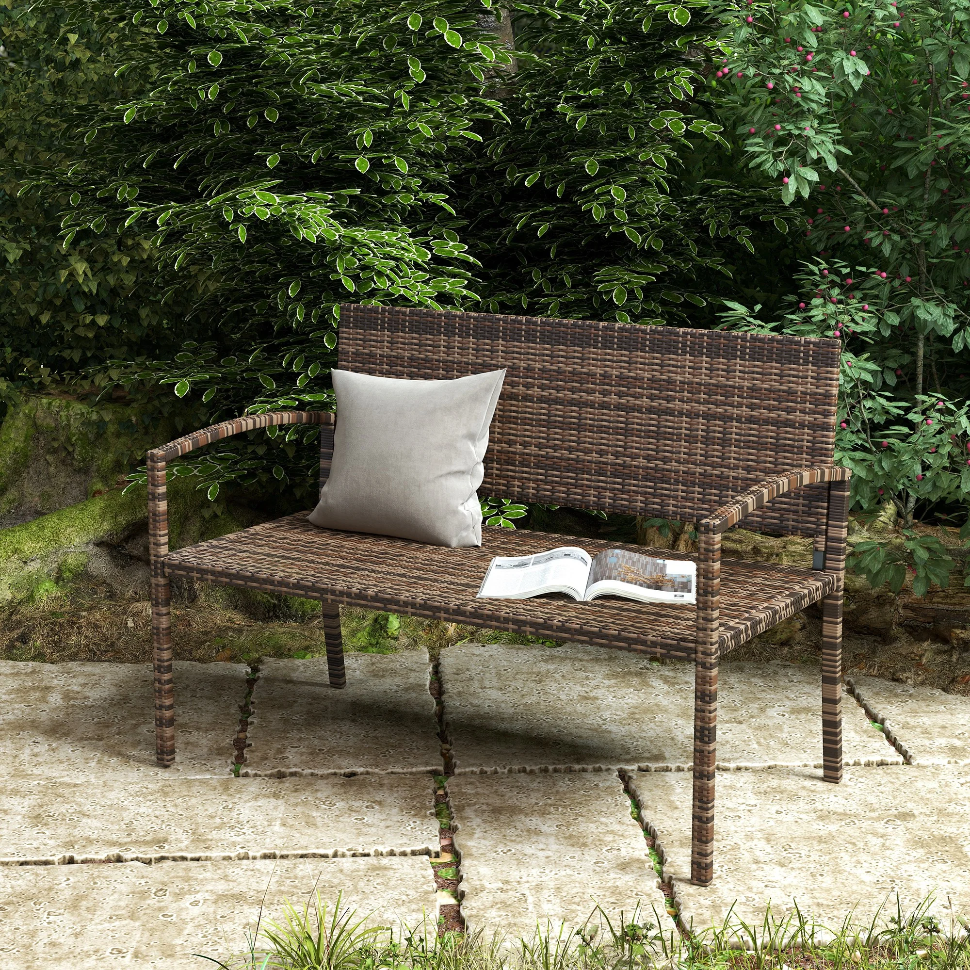 Outsunny Patio Rattan 2 Seater Garden Bench Love Seat Garden Armchair Brown - Image 2