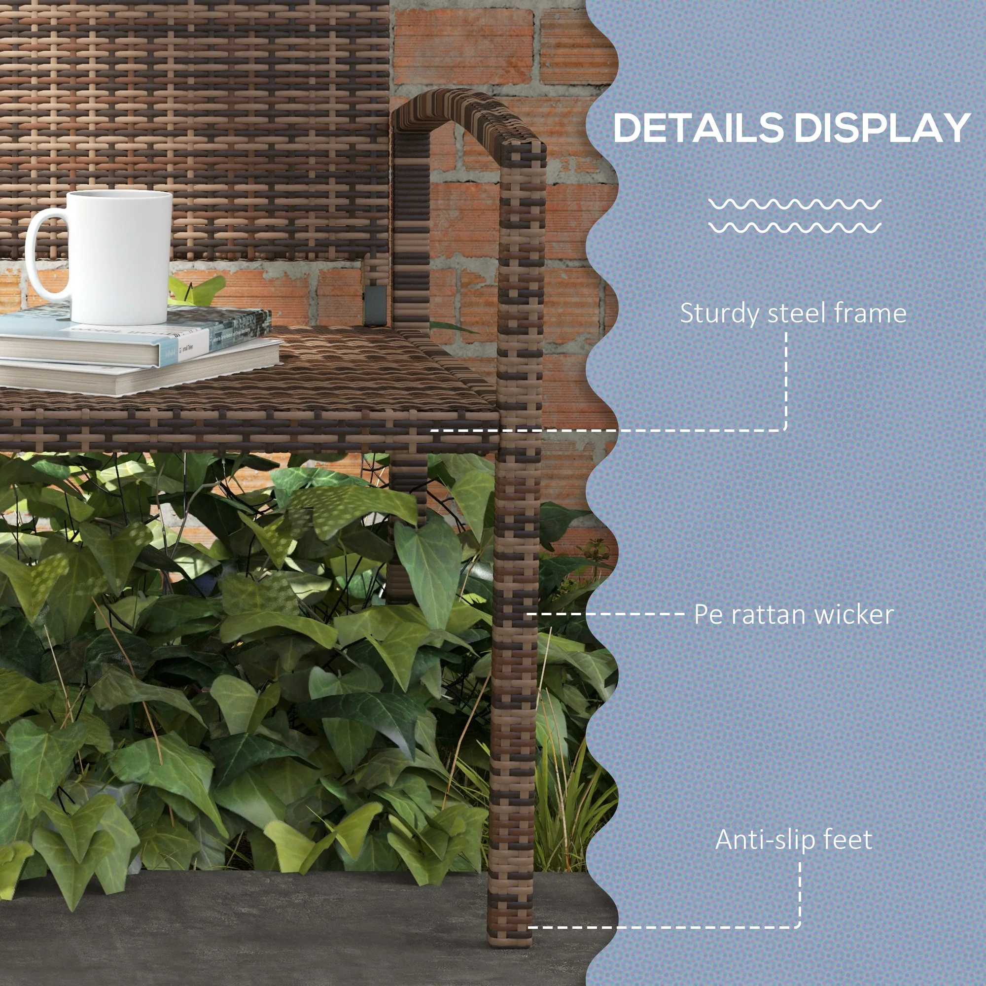Outsunny Patio Rattan 2 Seater Garden Bench Love Seat Garden Armchair Brown - Image 6