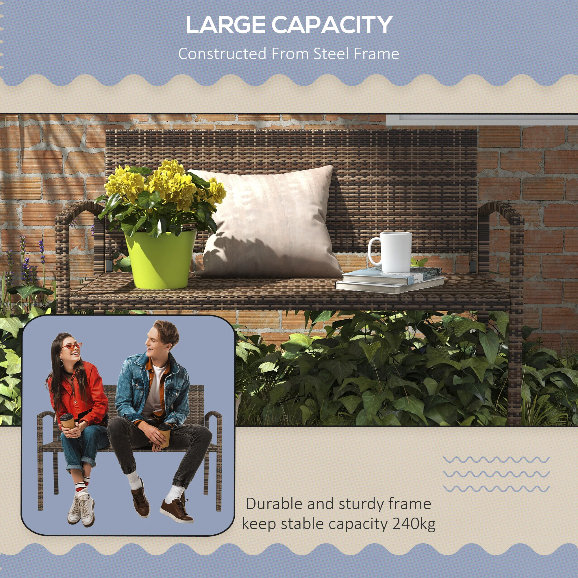 Outsunny Patio Rattan 2 Seater Garden Bench Love Seat Garden Armchair Brown - Image 7