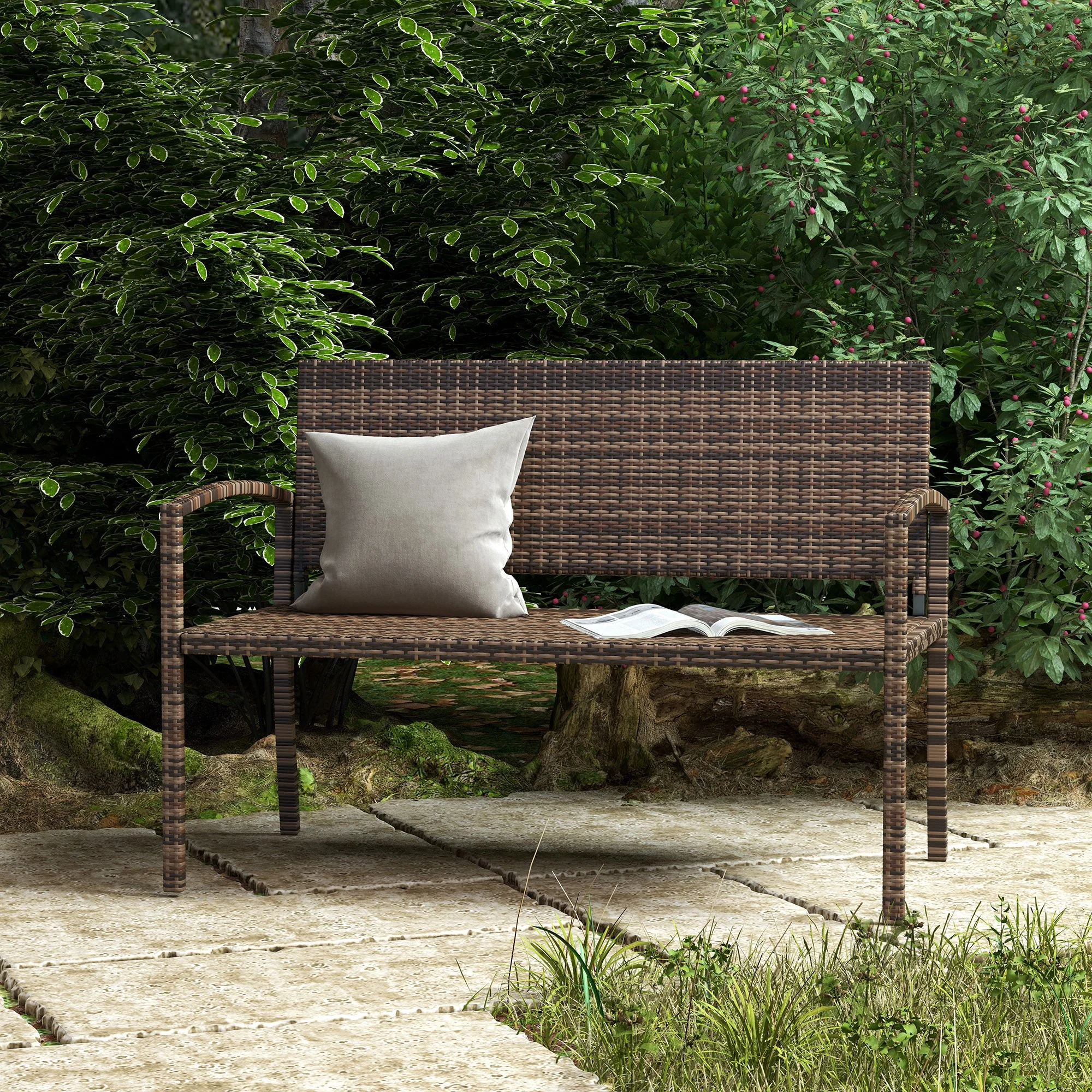 Outsunny Patio Rattan 2 Seater Garden Bench Love Seat Garden Armchair Brown - Image 8