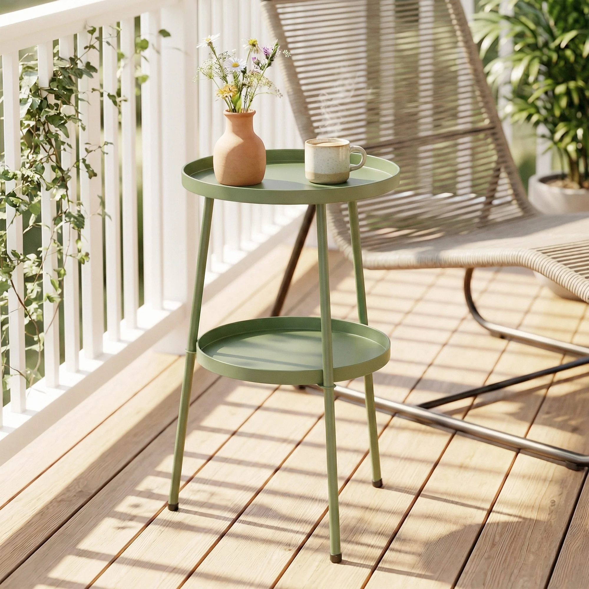 Outsunny Patio Side Table, 2-Tier Round Coffee End Table, Light Green - Image 2