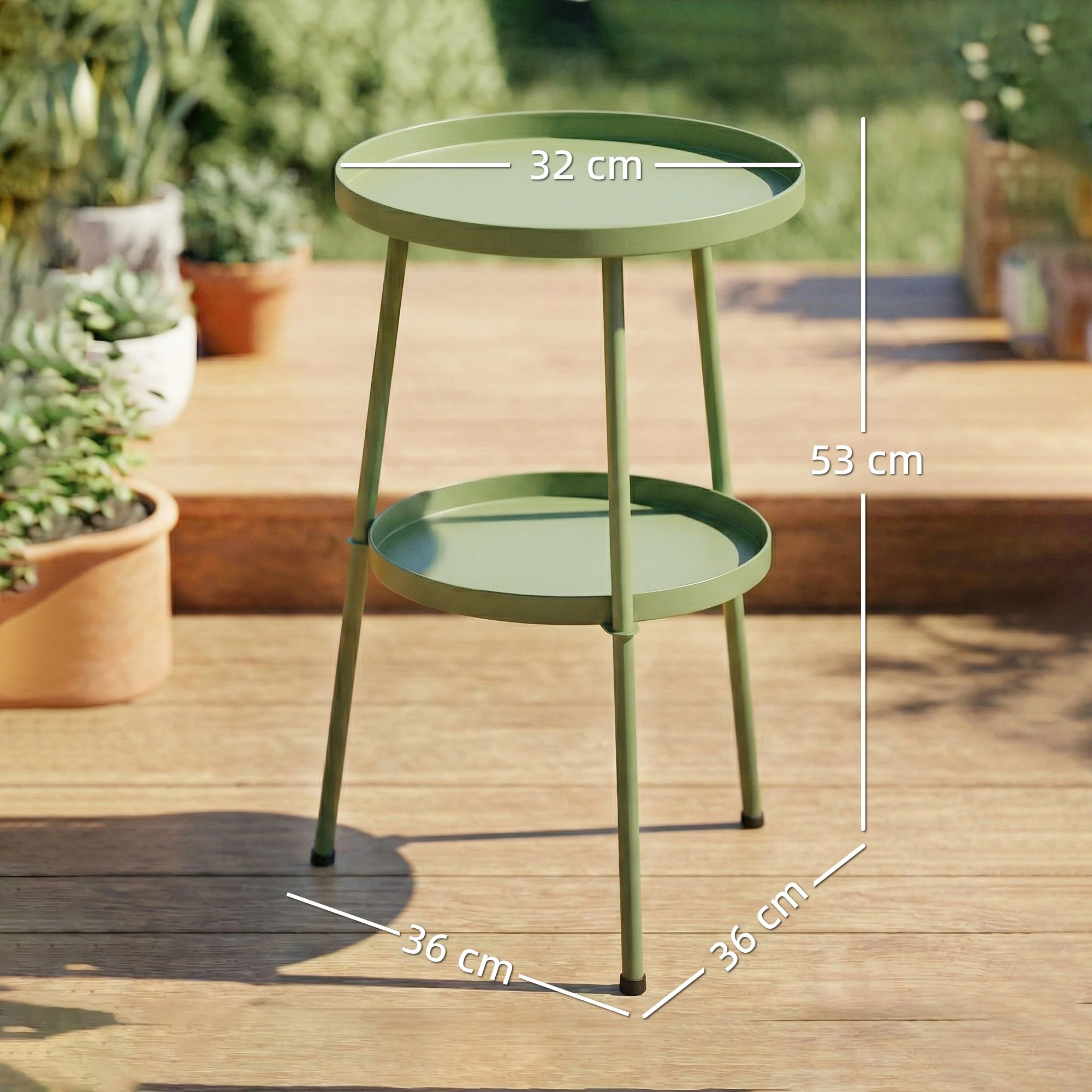 Outsunny Patio Side Table, 2-Tier Round Coffee End Table, Light Green - Image 3
