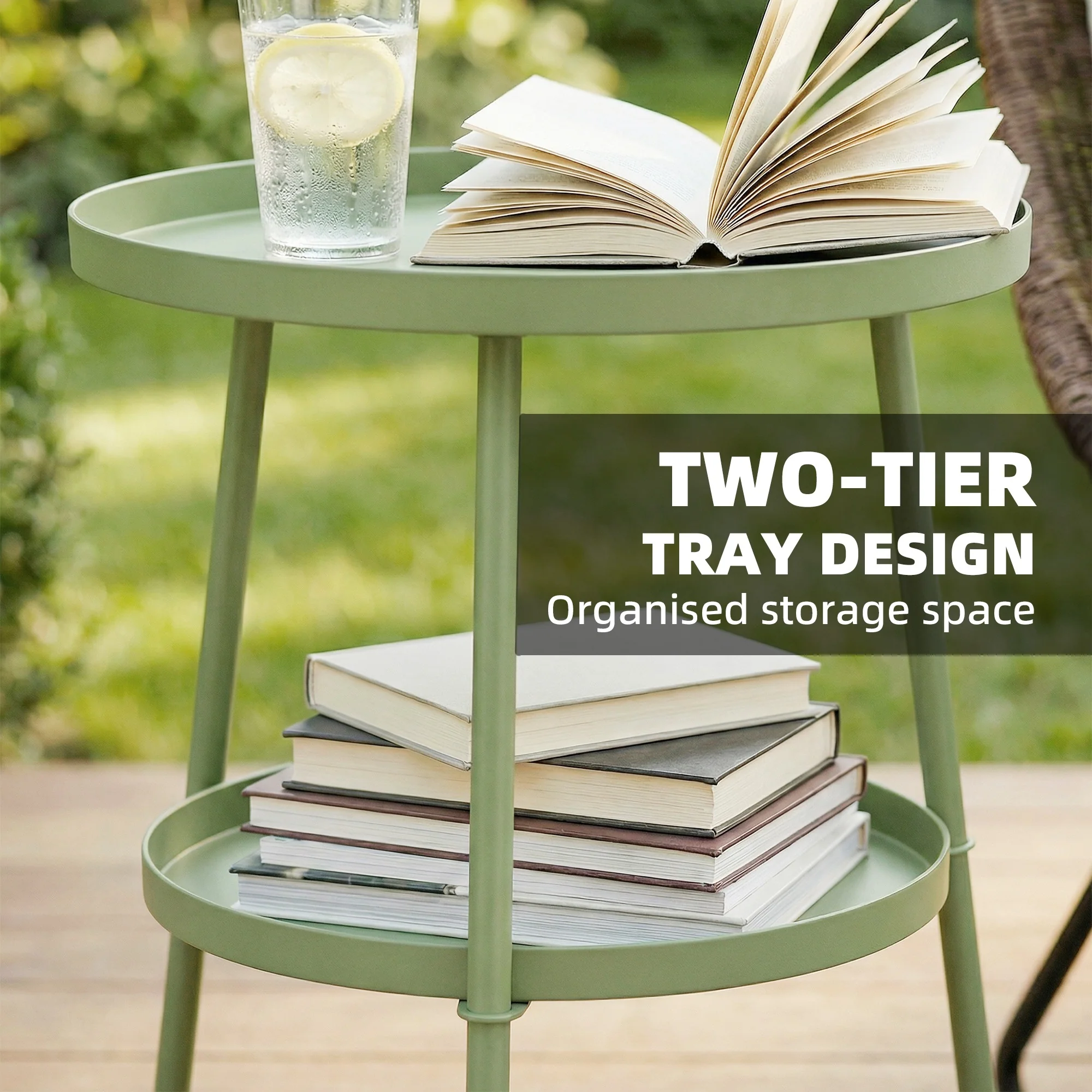 Outsunny Patio Side Table, 2-Tier Round Coffee End Table, Light Green - Image 4