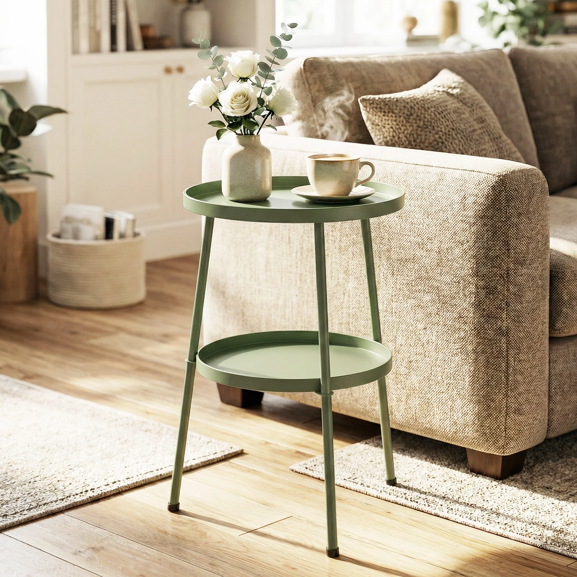 Outsunny Patio Side Table, 2-Tier Round Coffee End Table, Light Green - Image 7