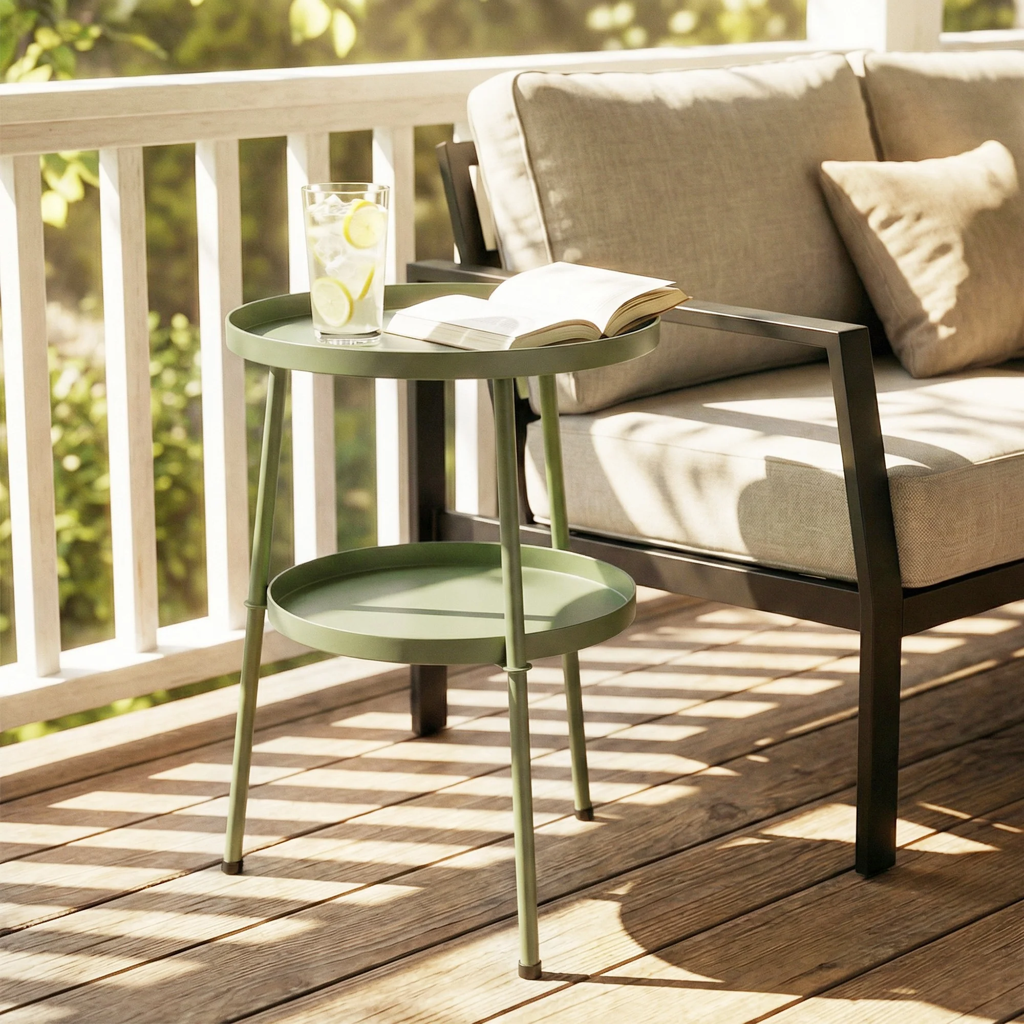 Outsunny Patio Side Table, 2-Tier Round Coffee End Table, Light Green - Image 8