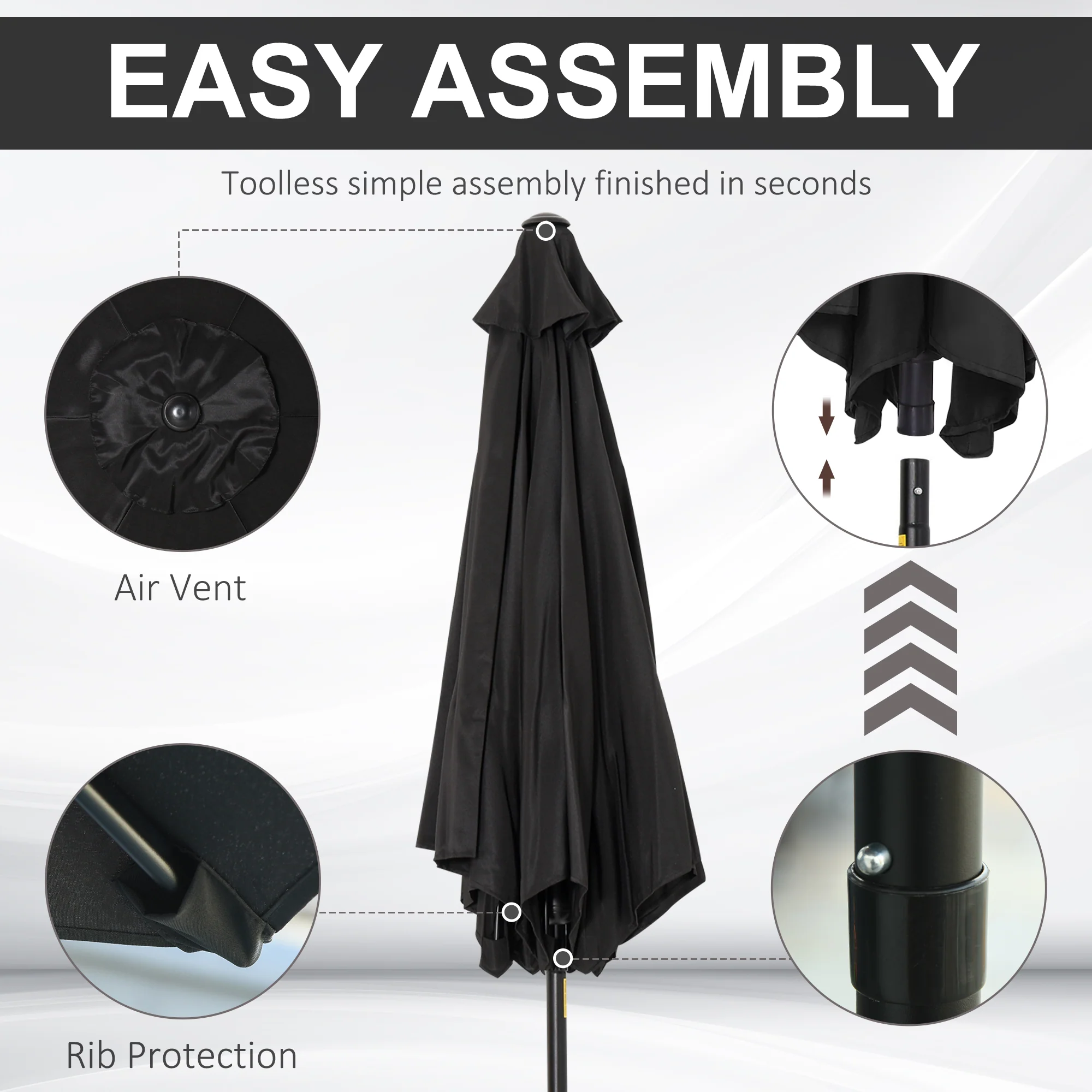 Outsunny Patio Umbrella Parasol Sun Shade Garden Aluminium Black 2.7M - Image 3