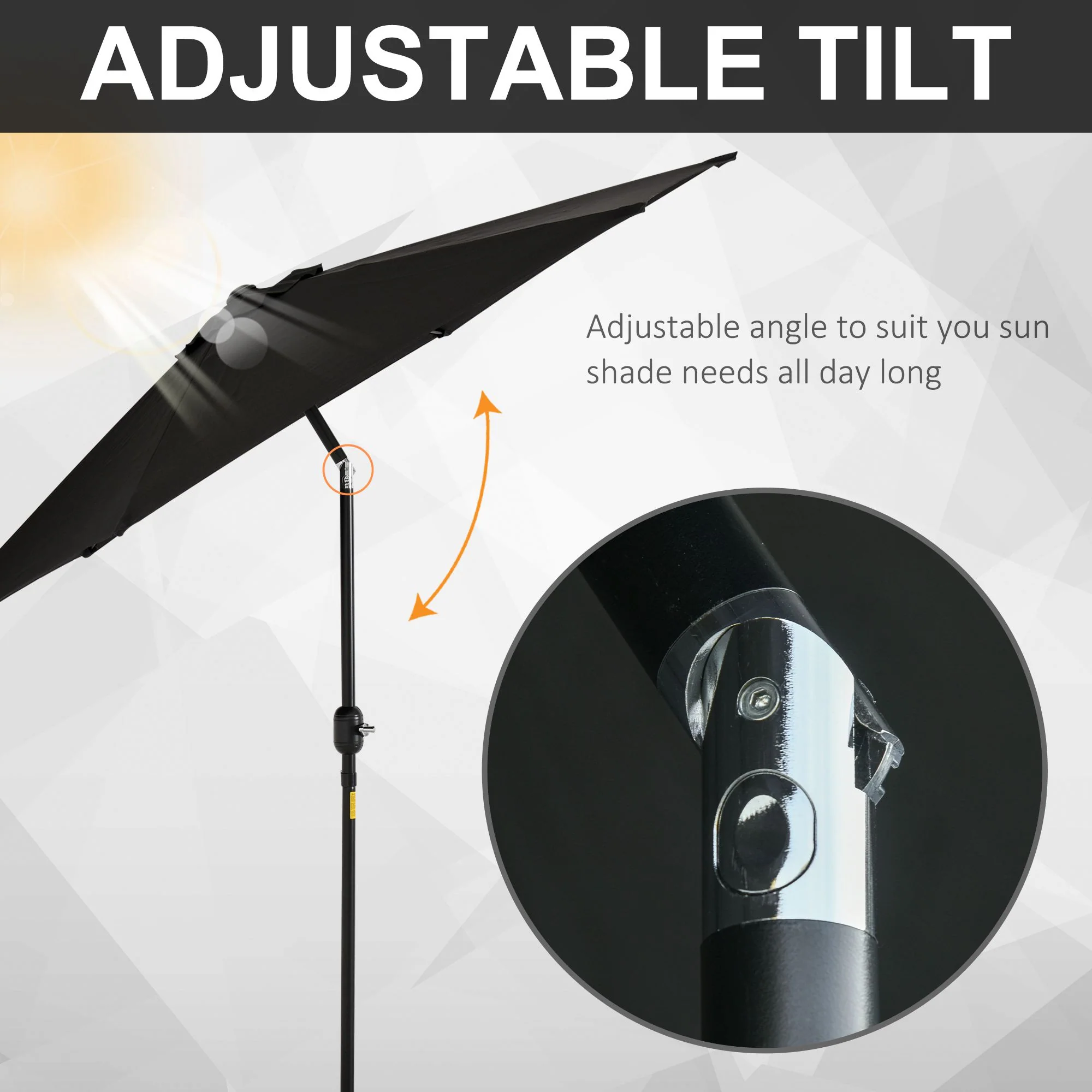 Outsunny Patio Umbrella Parasol Sun Shade Garden Aluminium Black 2.7M - Image 4