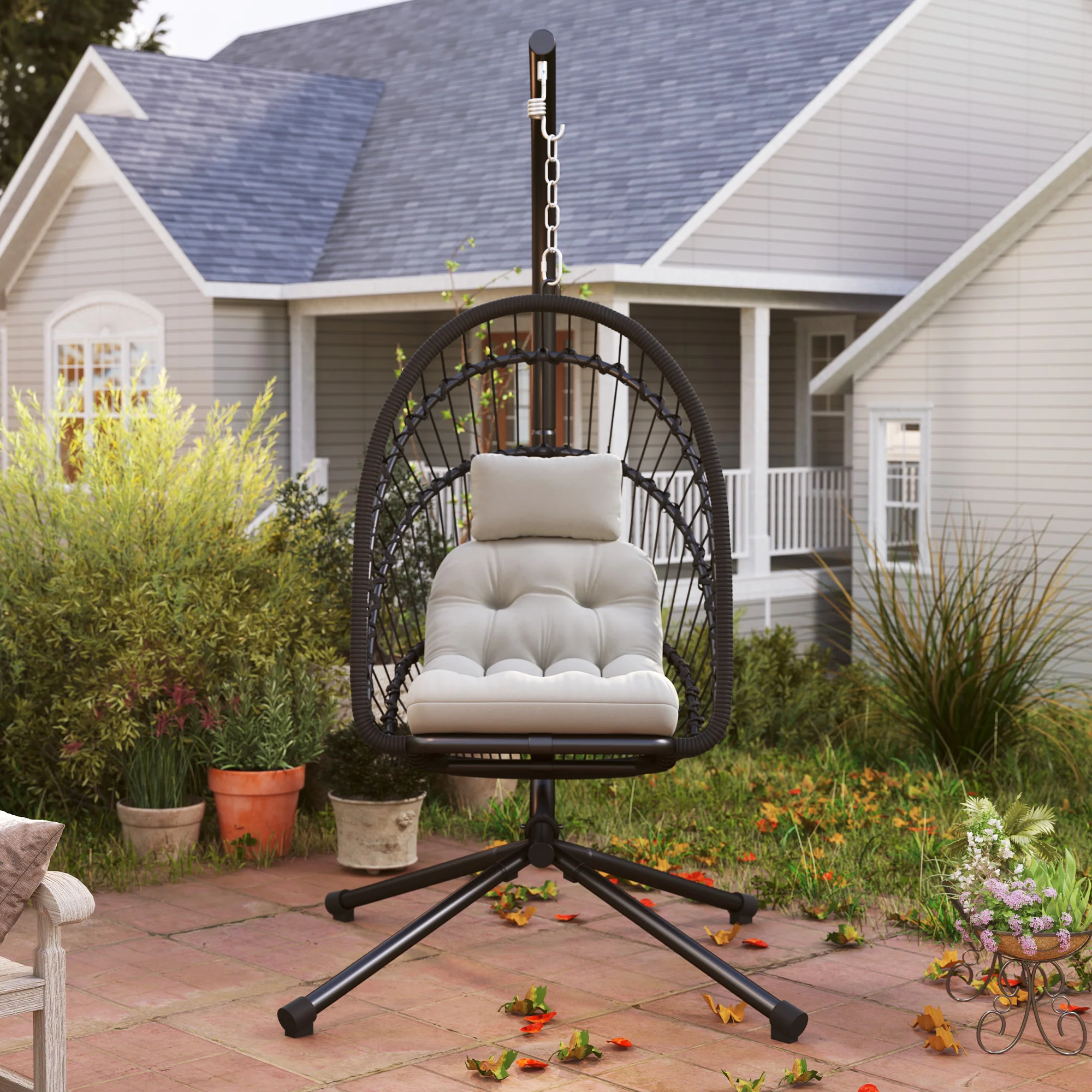 Outsunny PE Hanging Swing Chair W/ Thick Cushion, Patio Hanging Chair, Black - Image 9
