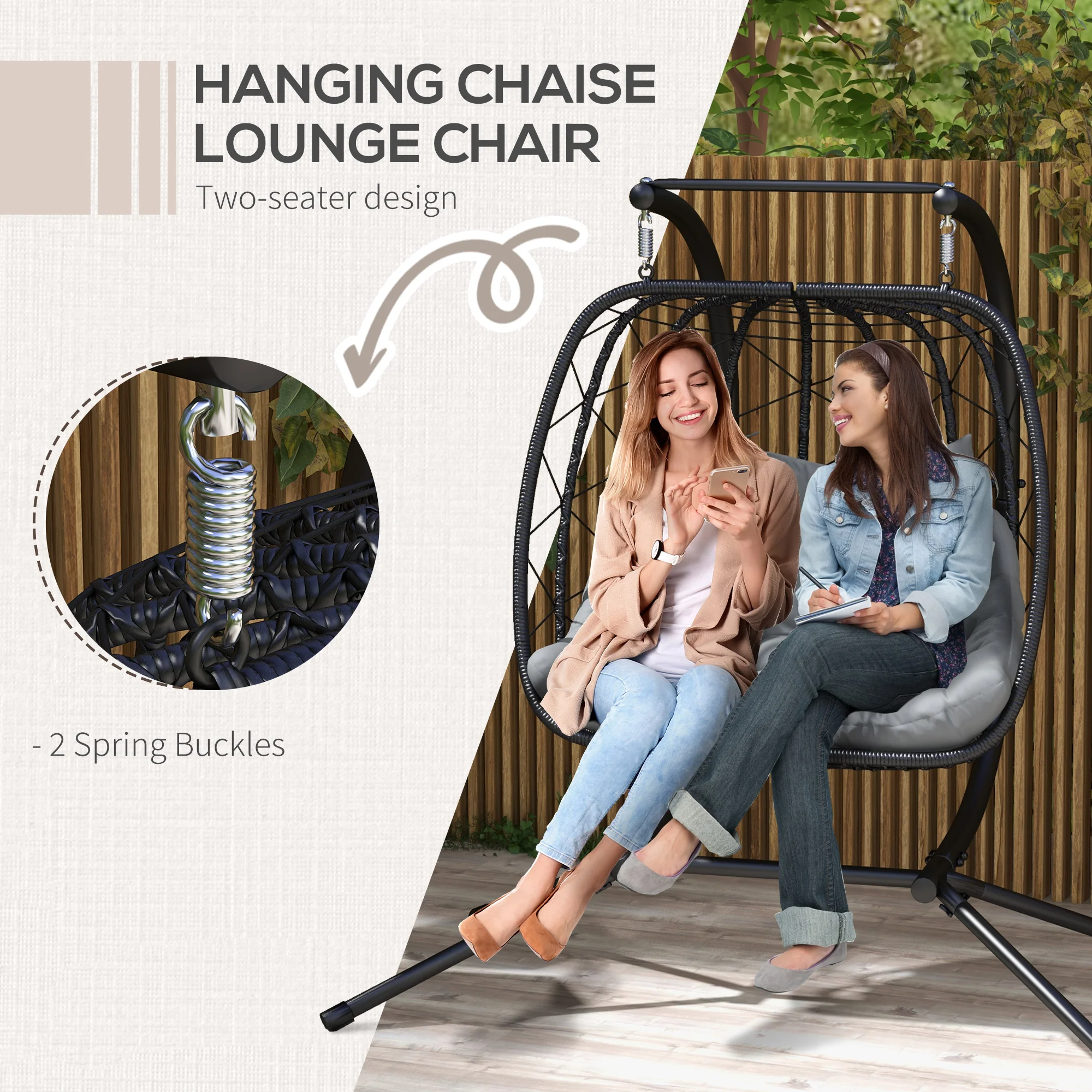 Outsunny PE Hanging Swing Chair w/ Thick Cushion, Patio Hanging Chair, Black - Image 3