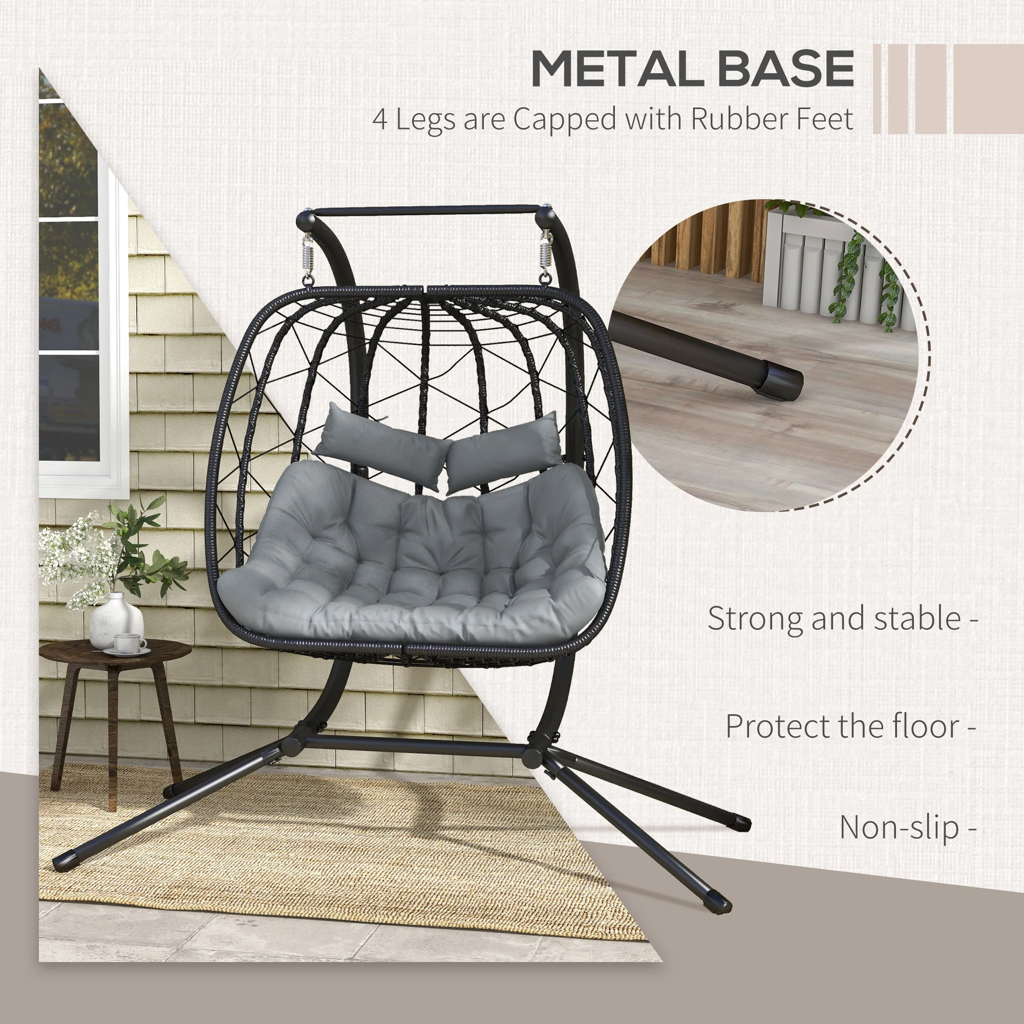 Outsunny PE Hanging Swing Chair w/ Thick Cushion, Patio Hanging Chair, Black - Image 4
