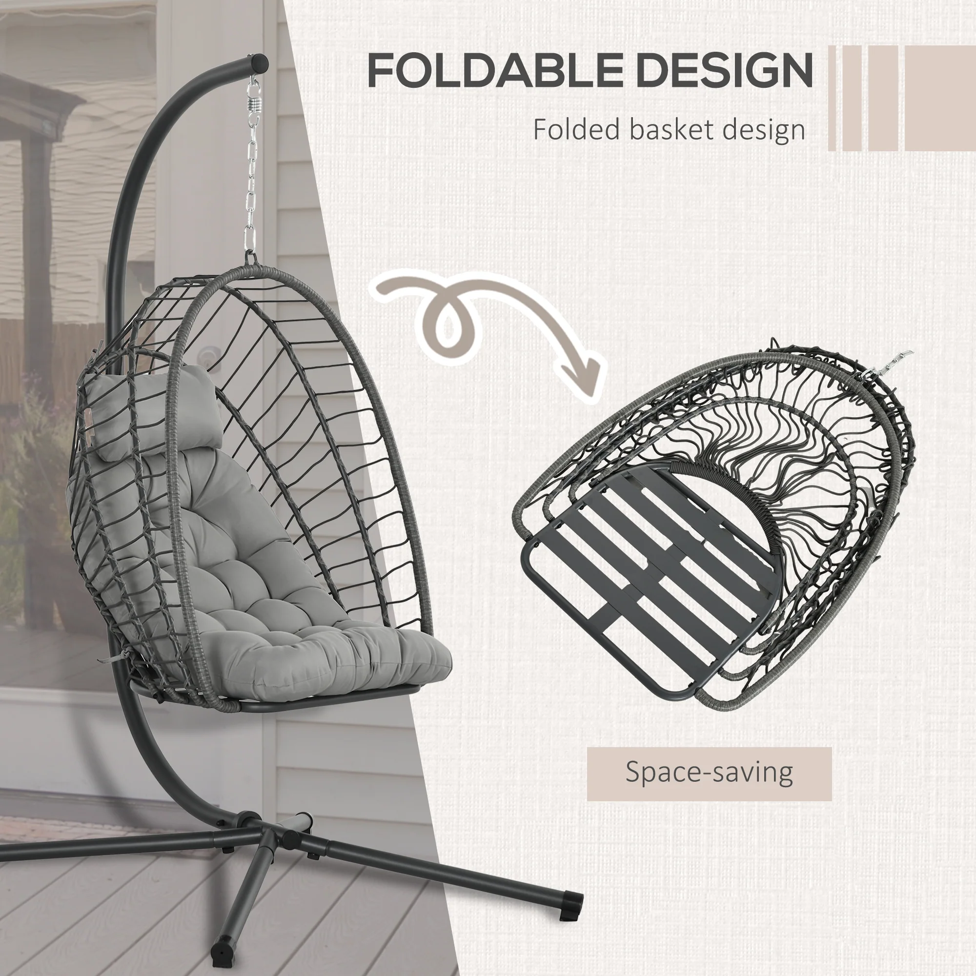 Outsunny PE Hanging Swing Chair w/ Thick Cushion, Patio Hanging Chair, Grey - Image 3
