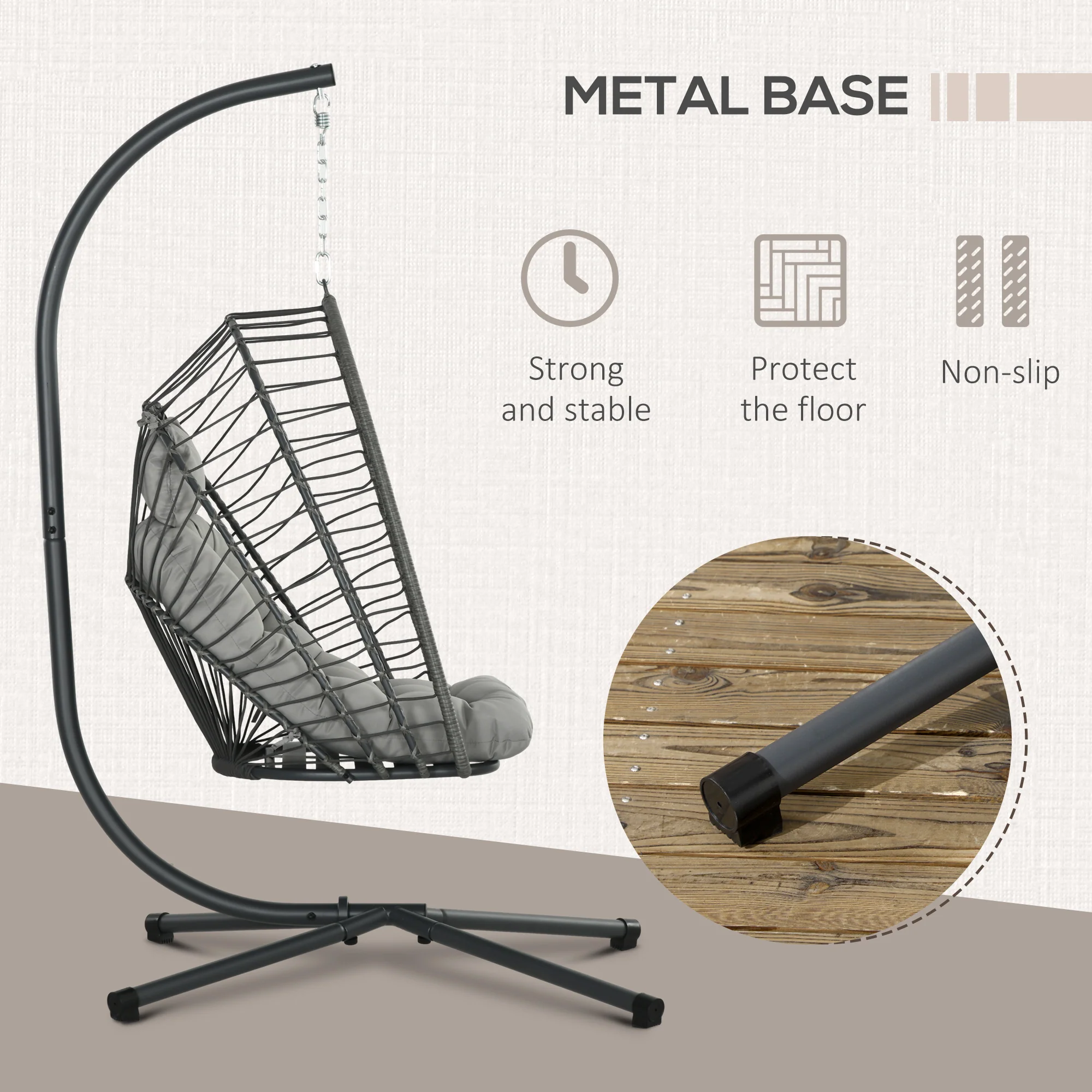Outsunny PE Hanging Swing Chair w/ Thick Cushion, Patio Hanging Chair, Grey - Image 4