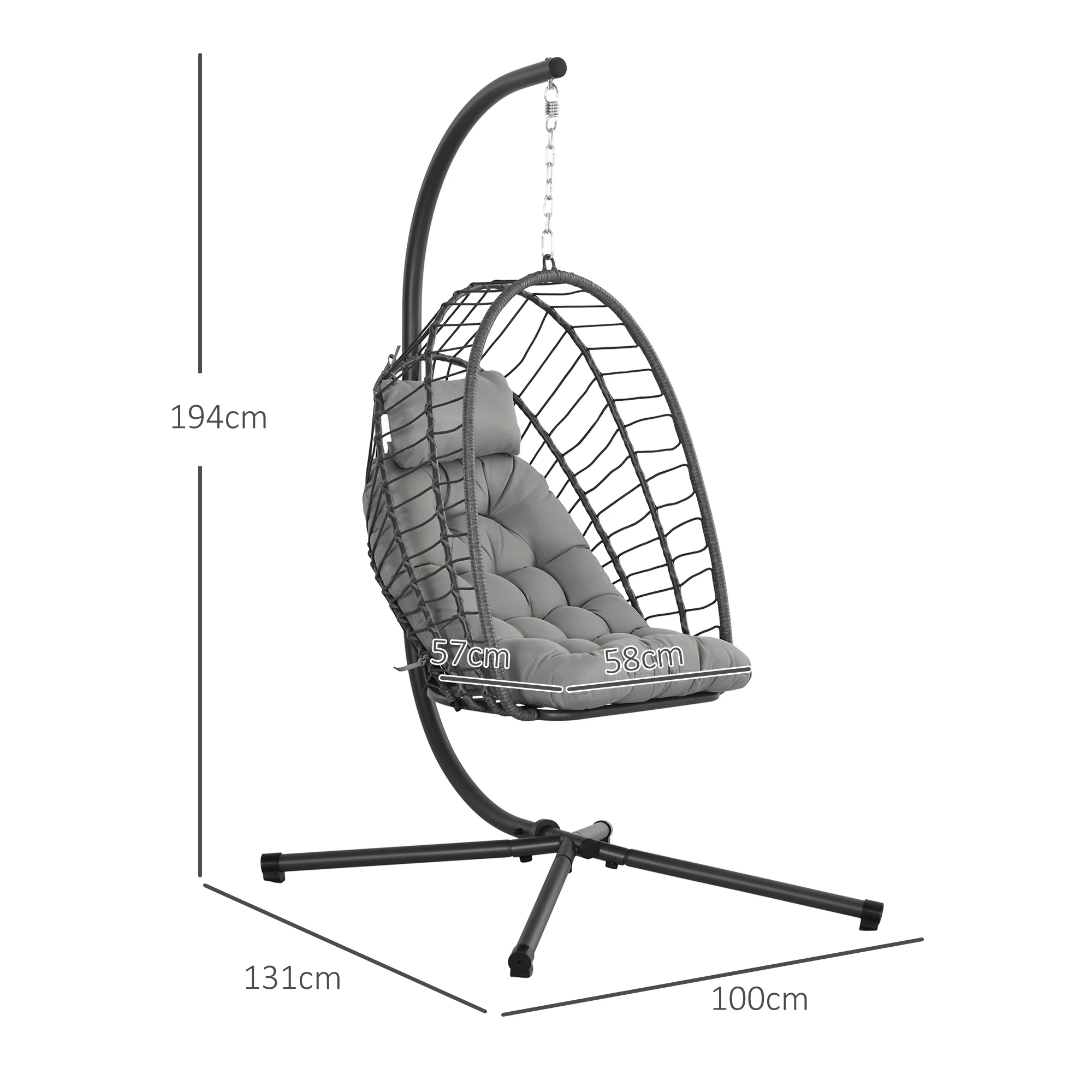 Outsunny PE Hanging Swing Chair w/ Thick Cushion, Patio Hanging Chair, Grey - Image 5